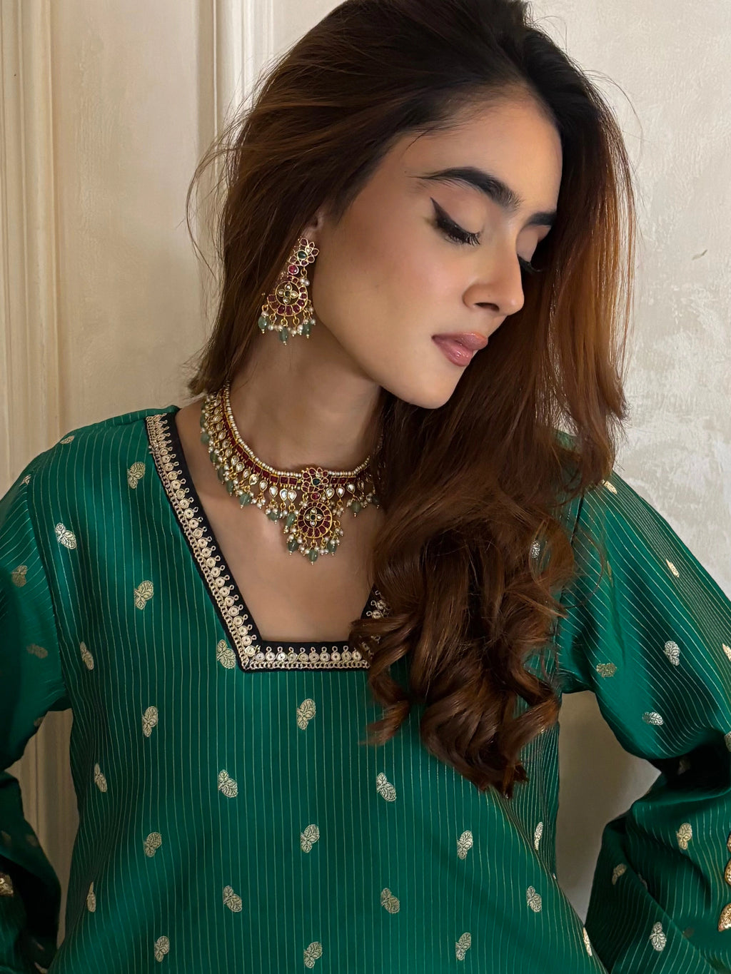 Saira Green Brocade Co-ord Farshi, made to order brocade set, Pyoor