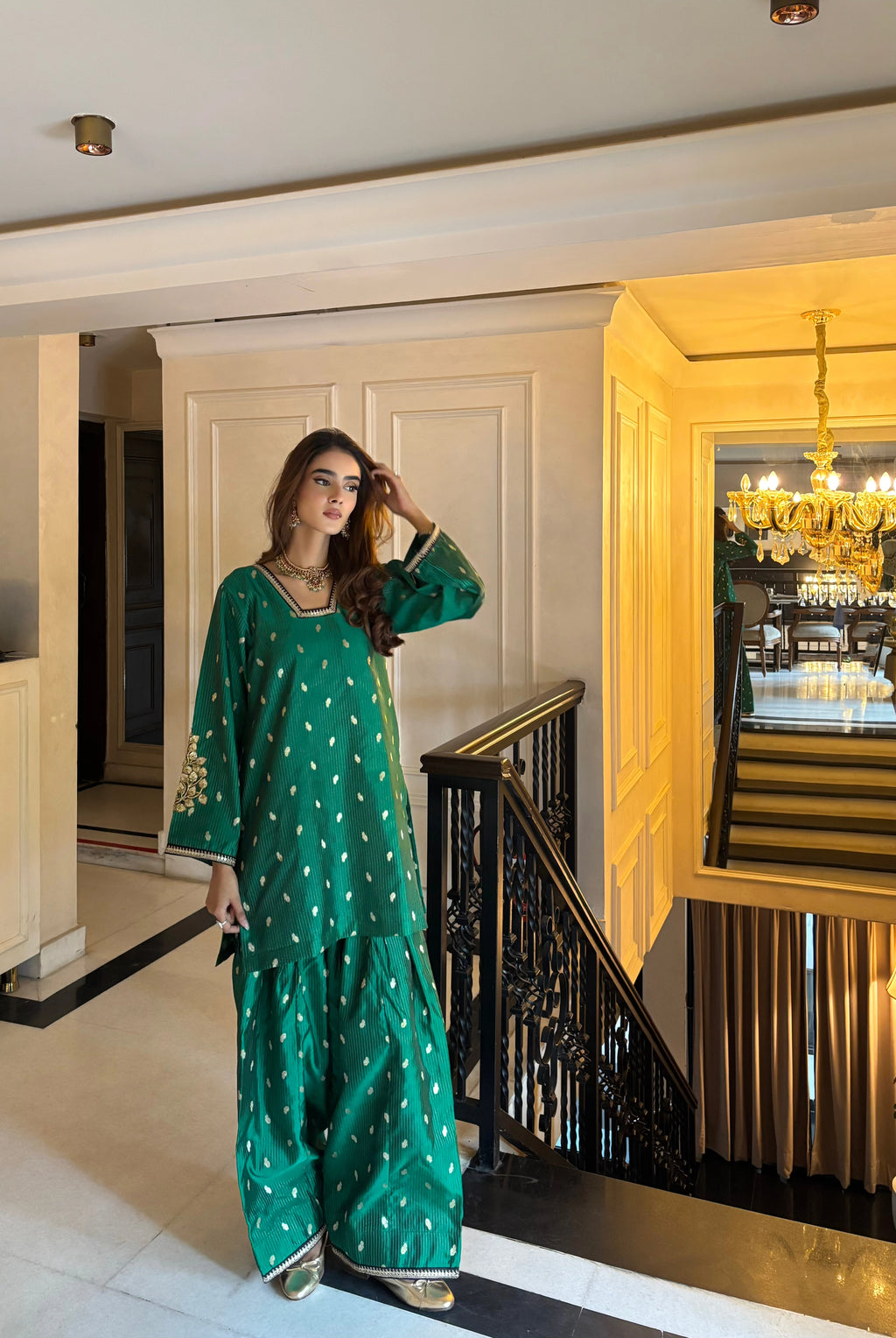 Pyoor's Saira Green Brocade Co-ord Farshi featuring lace neck and sleeves