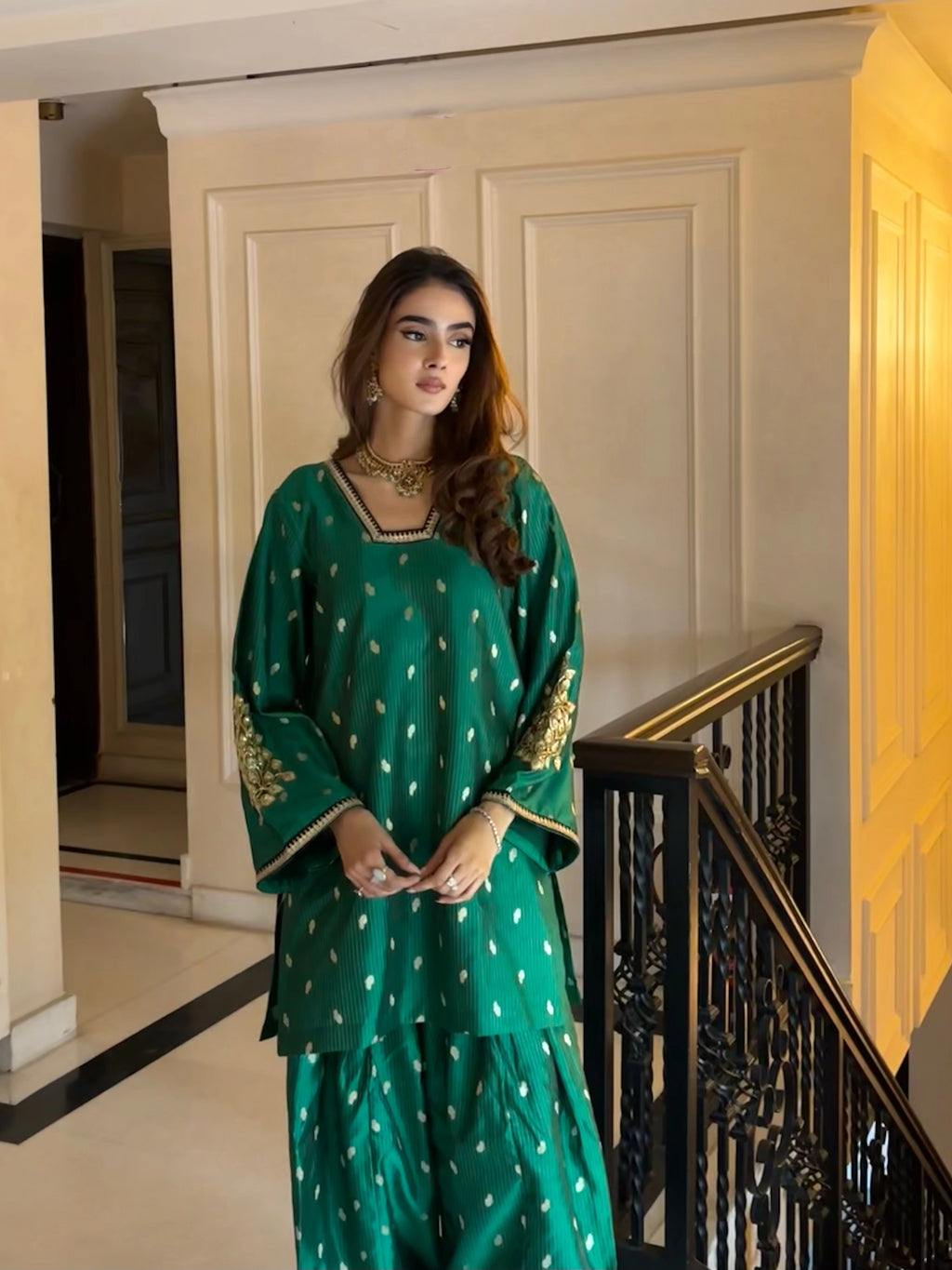 Saira Green Brocade Co-ord Farshi with handwoven green brocade fabric