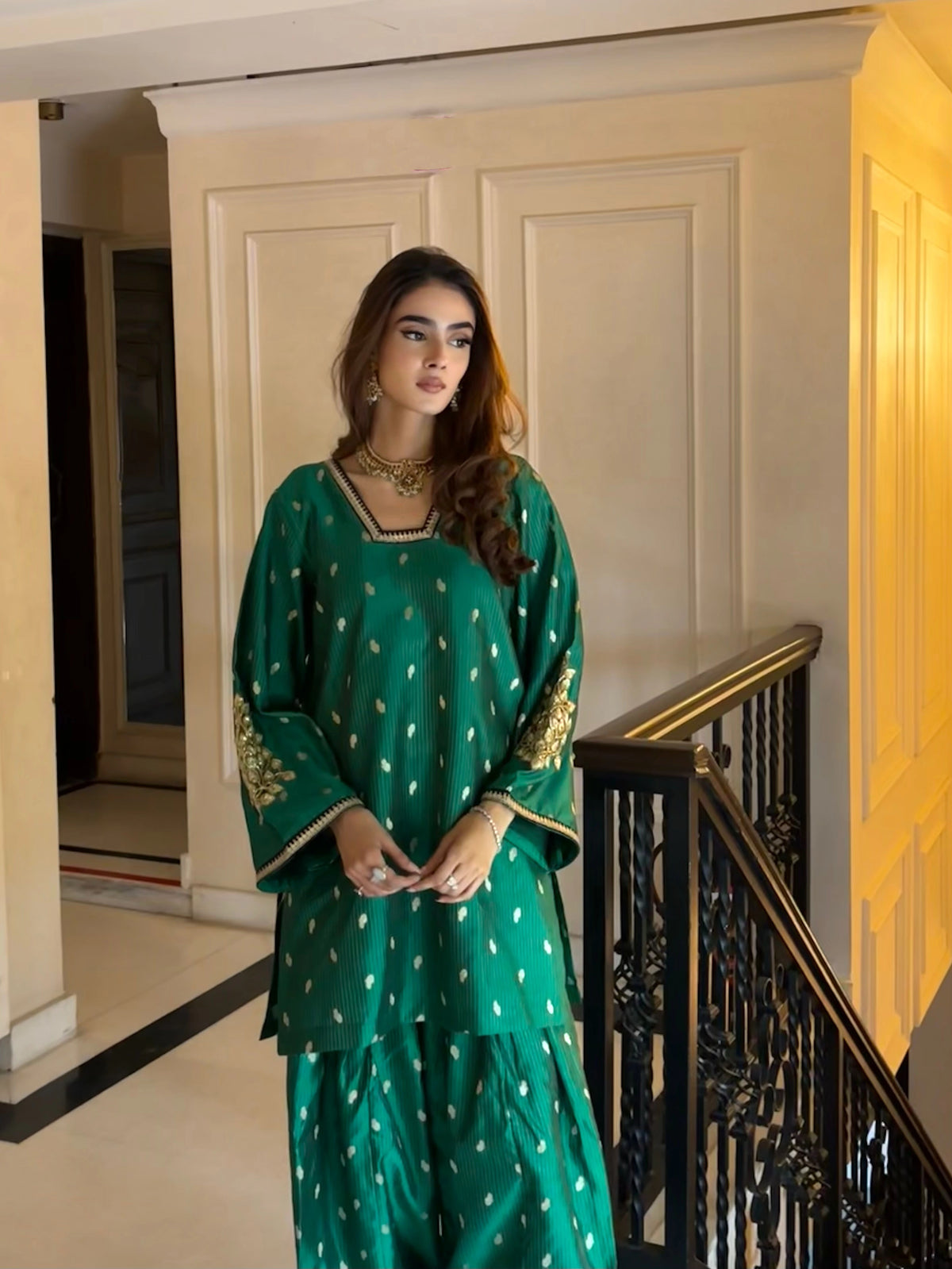 Saira Green Brocade Co-ord Farshi with handwoven green brocade fabric