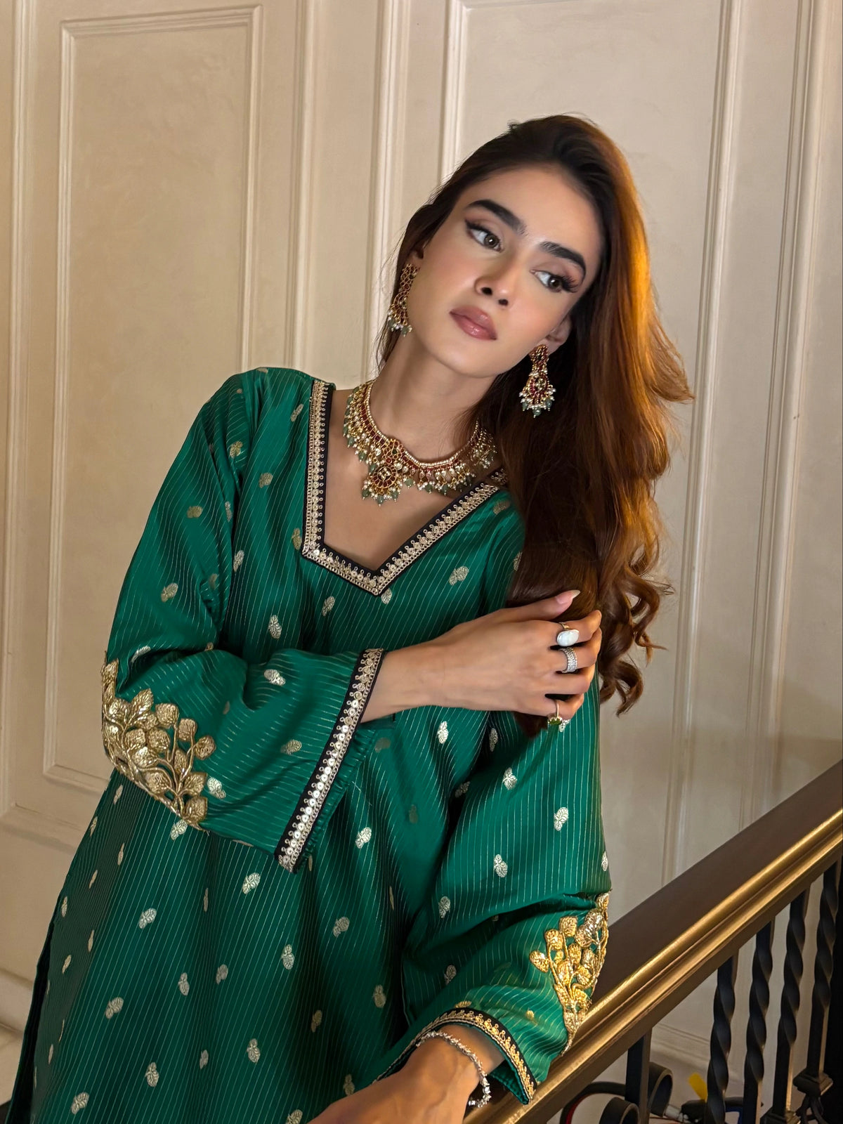 Saira Green Brocade Co-ord Farshi paired with a farshi salwar, Pyoor