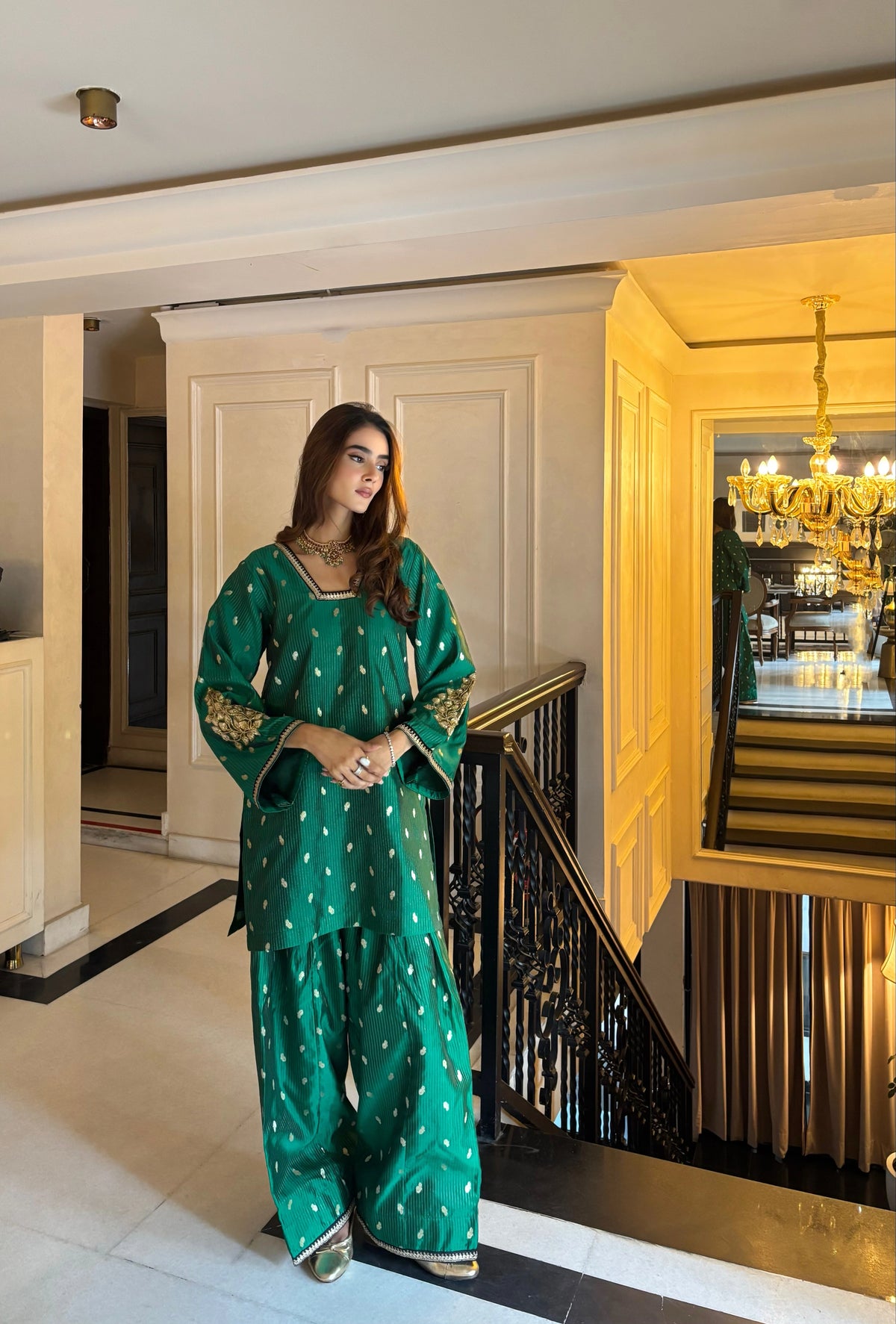 Pyoor Saira Green Brocade Co-ord Farshi in a fully lined loose fit