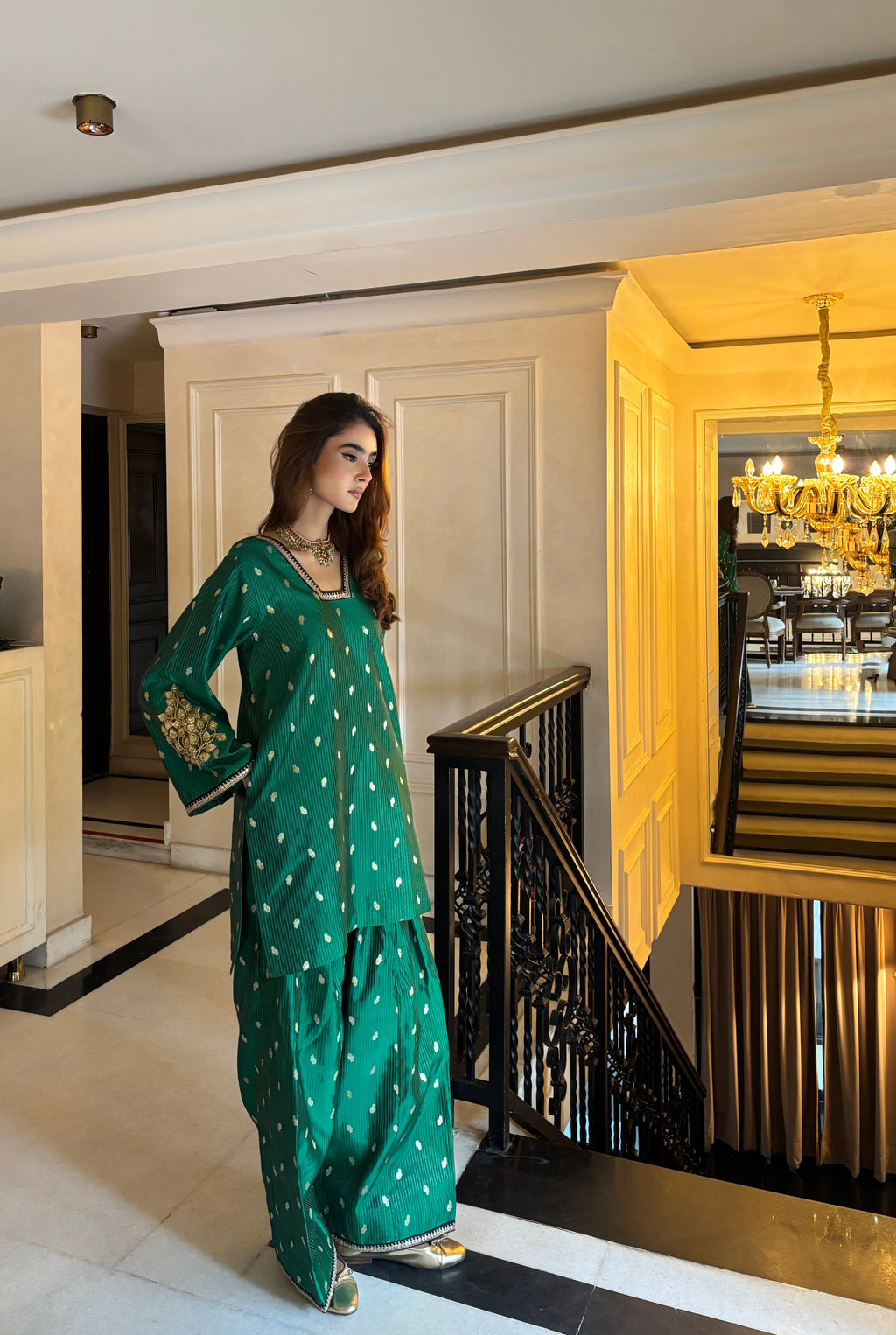 Saira Green Brocade Co-ord Farshi featuring zardosi sleeve embroidery