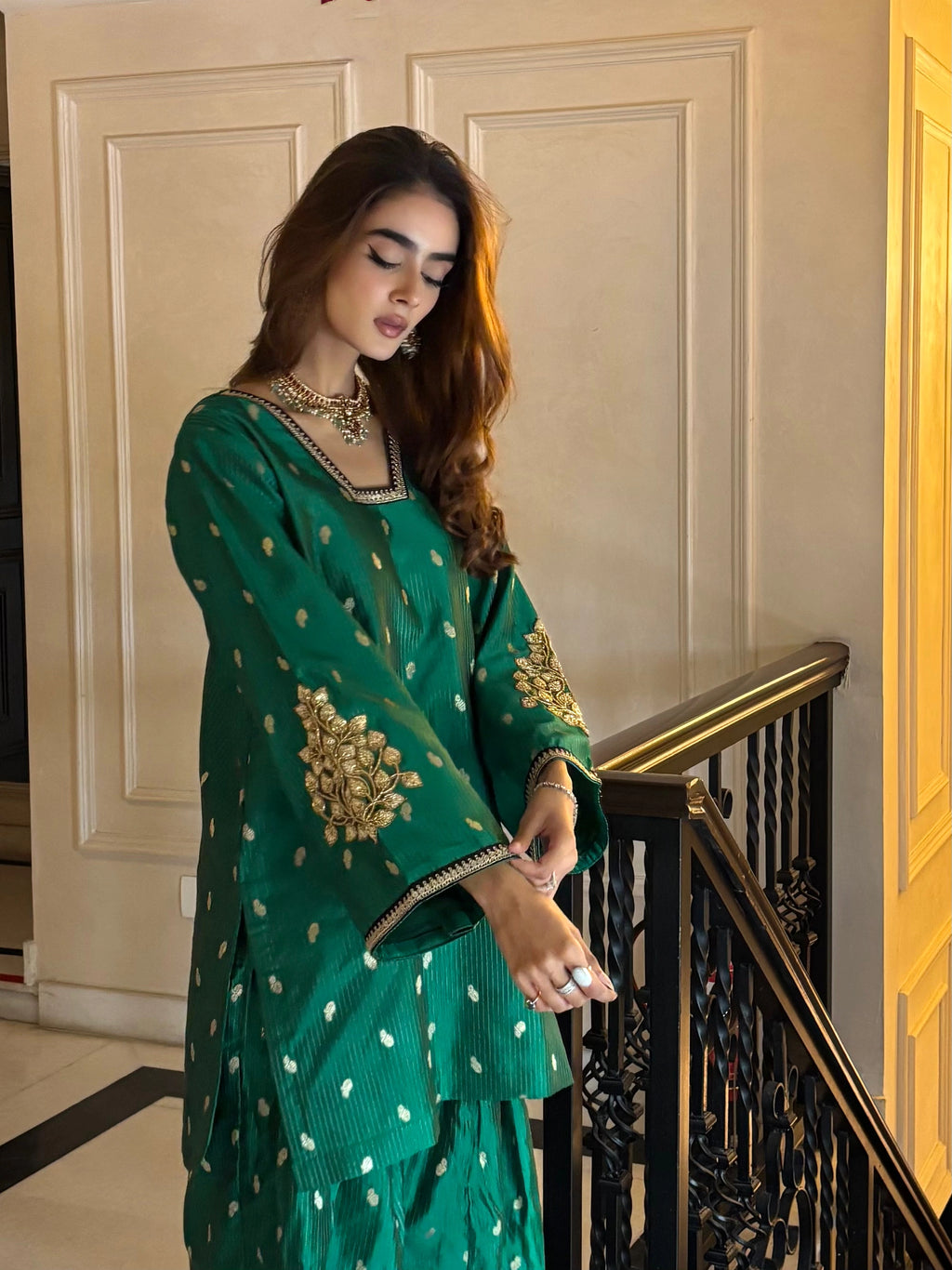 Saira Green Brocade Co-ord Farshi, perfect for Diwali parties, Pyoor