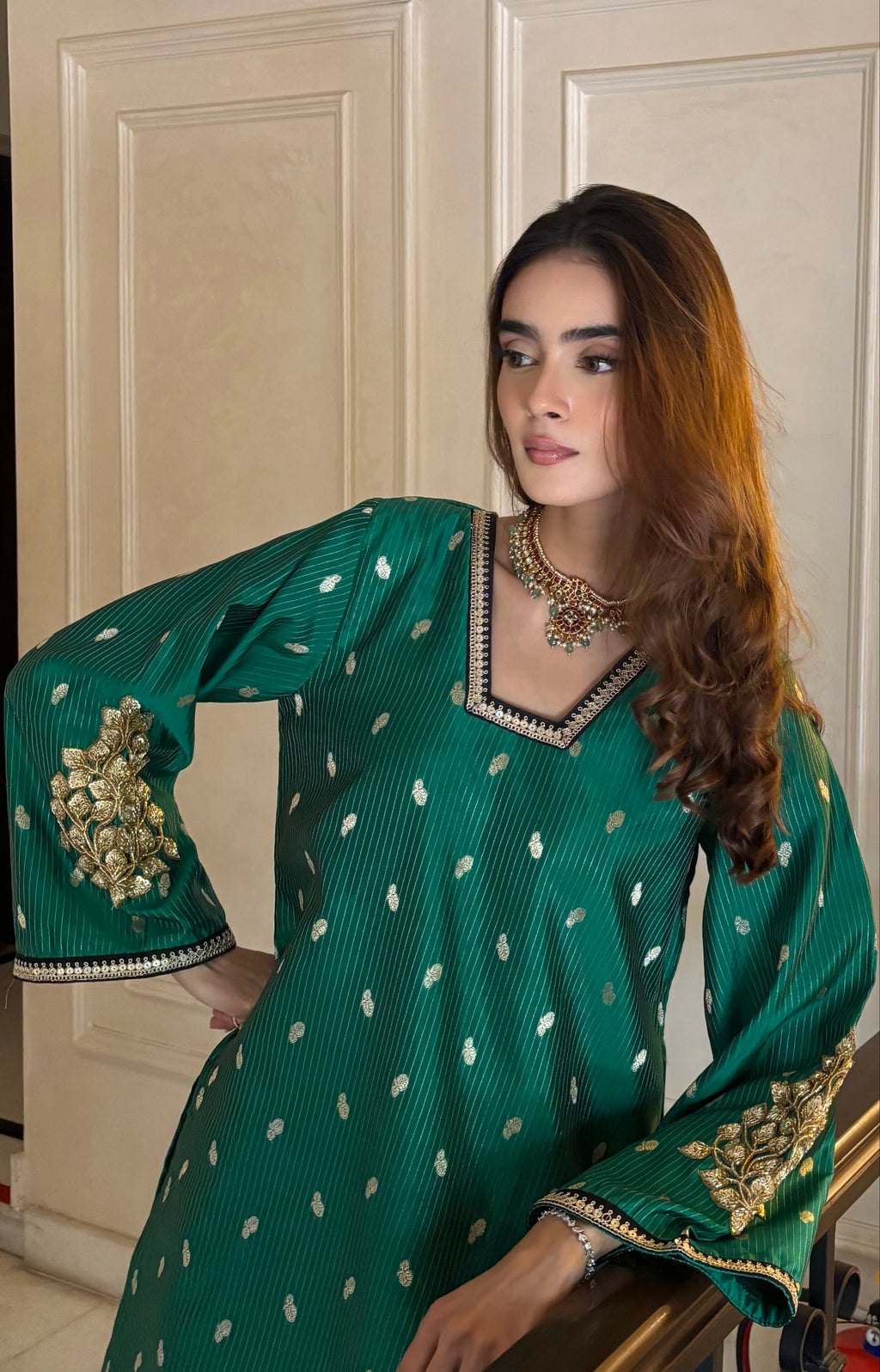 Pyoor's Saira Green Brocade Co-ord Farshi with cotton lining detail