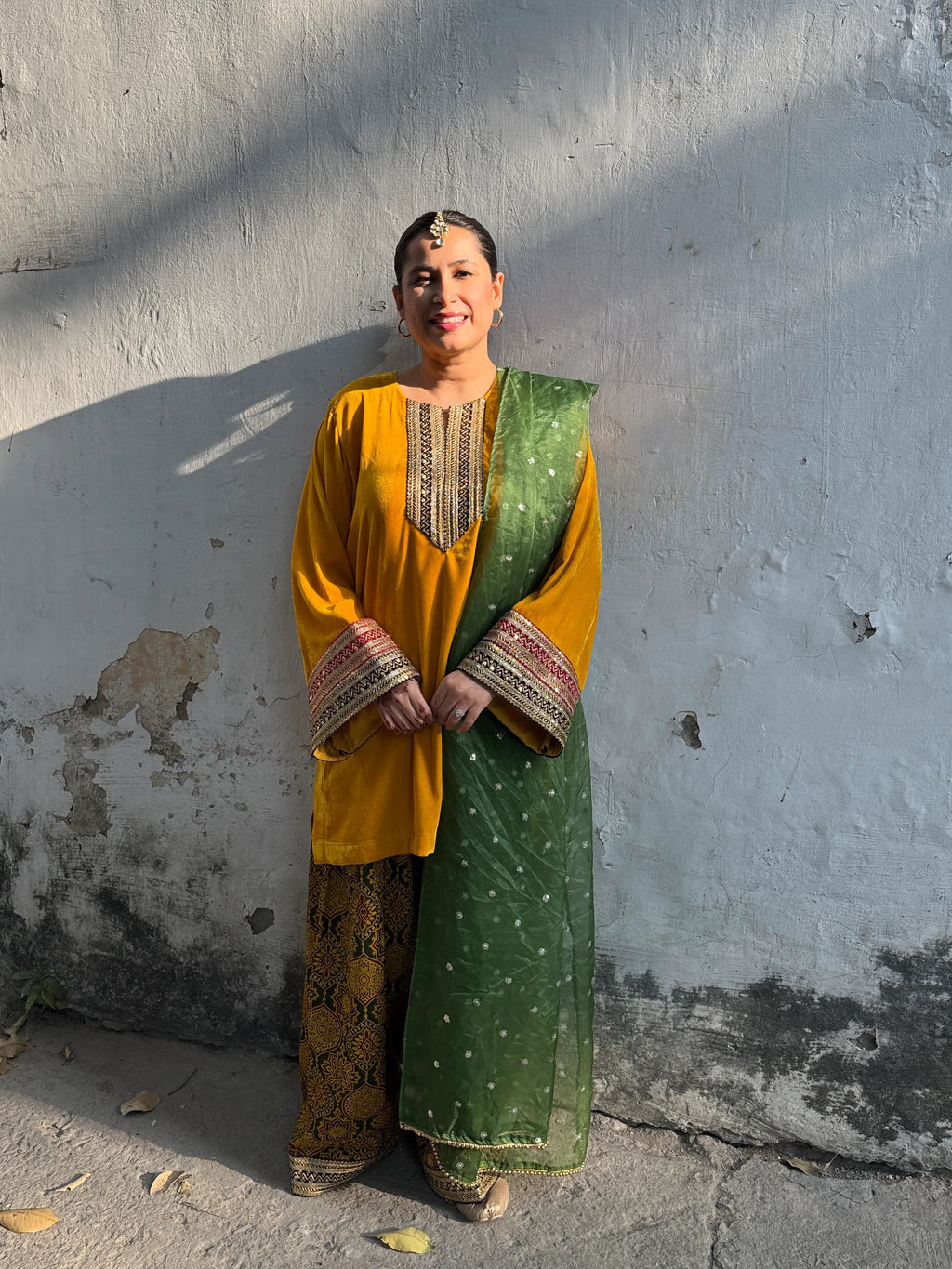 Pyoor Sara Yellow Velvet Mashru Silk Farshi Set with organza dupatta