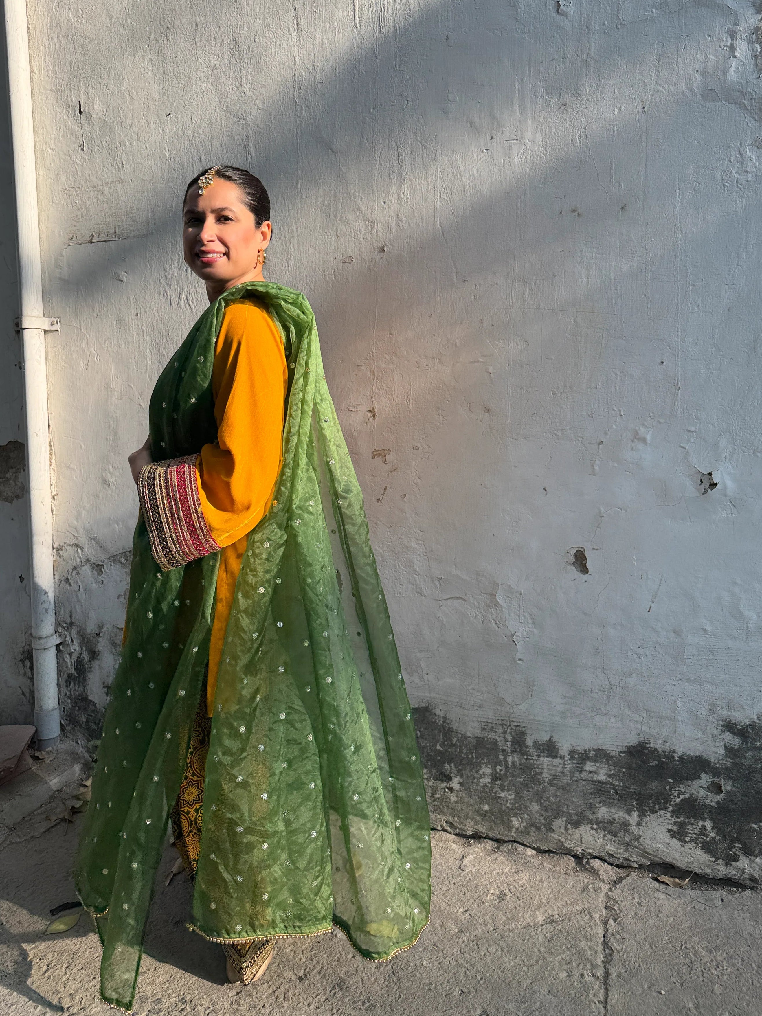 Sara Yellow Velvet Mashru Silk Farshi Set by Pyoor in velvet and mashru silk