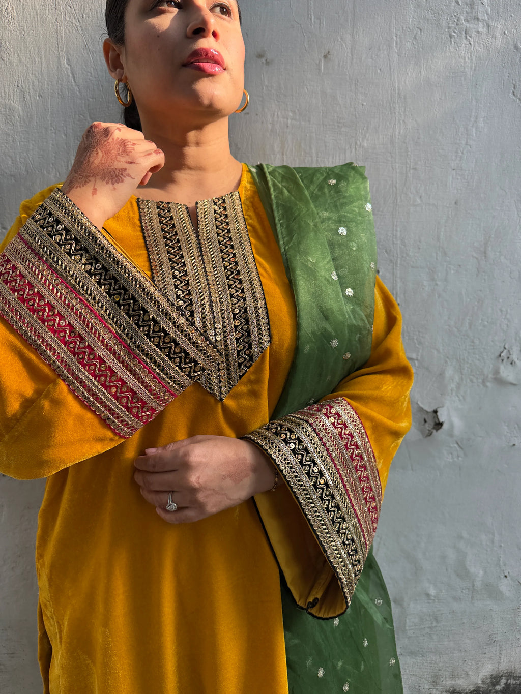 Pyoor Sara Yellow Velvet Mashru Silk Farshi Set kurta and mashru salwar