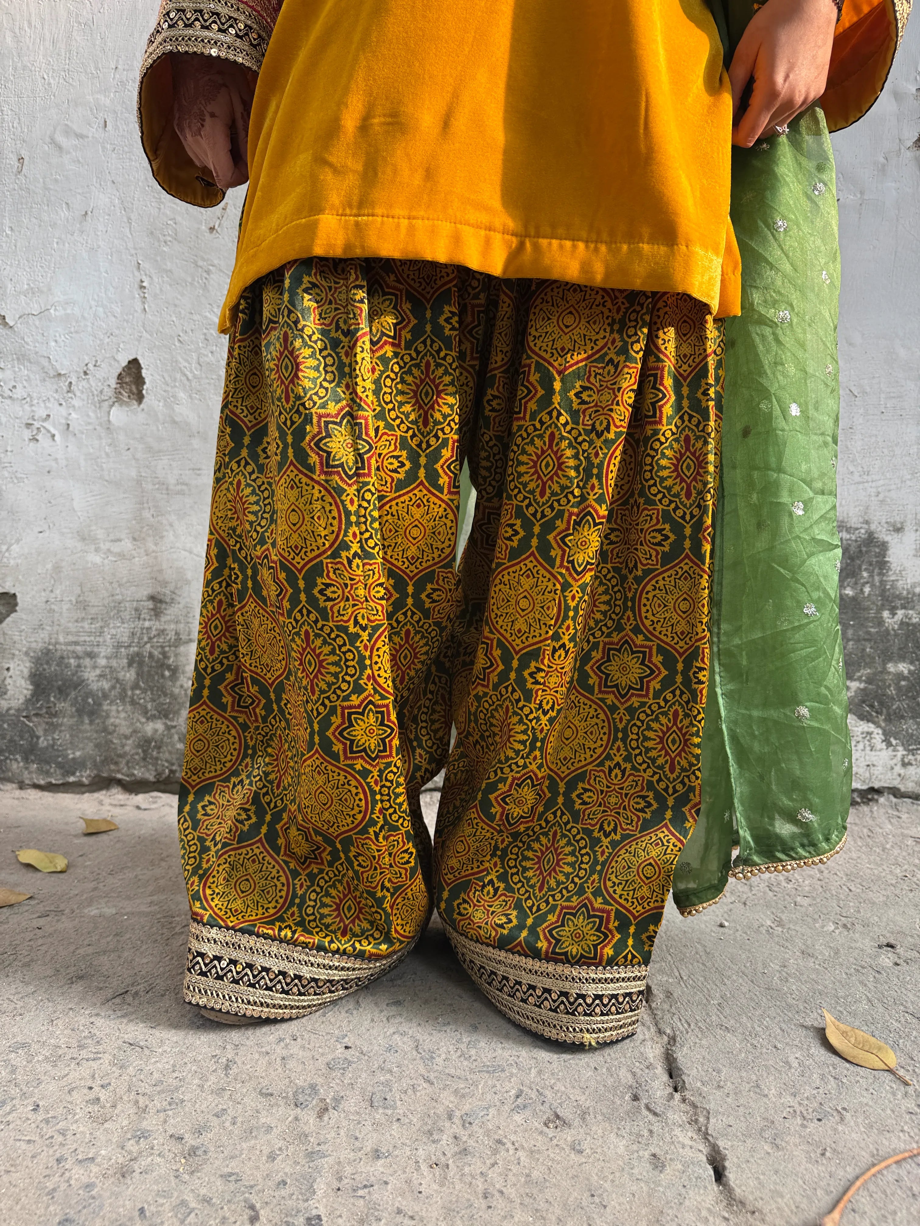Sara Yellow Velvet Mashru Silk Farshi Set by Pyoor paired with dupatta