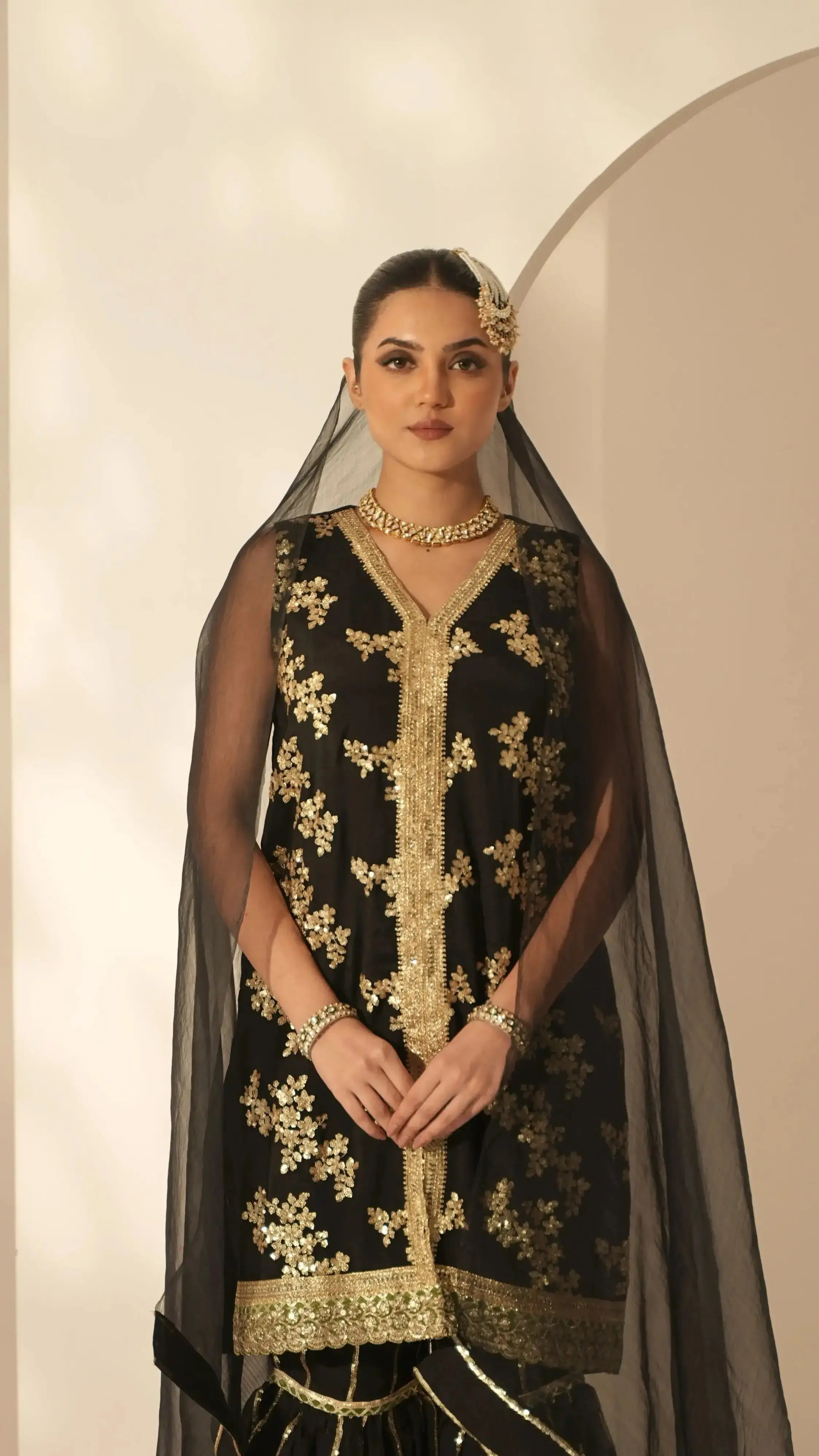Sitara black sharara suit from Pyoor featuring embroidered V-neck kurta and organza dupatta.