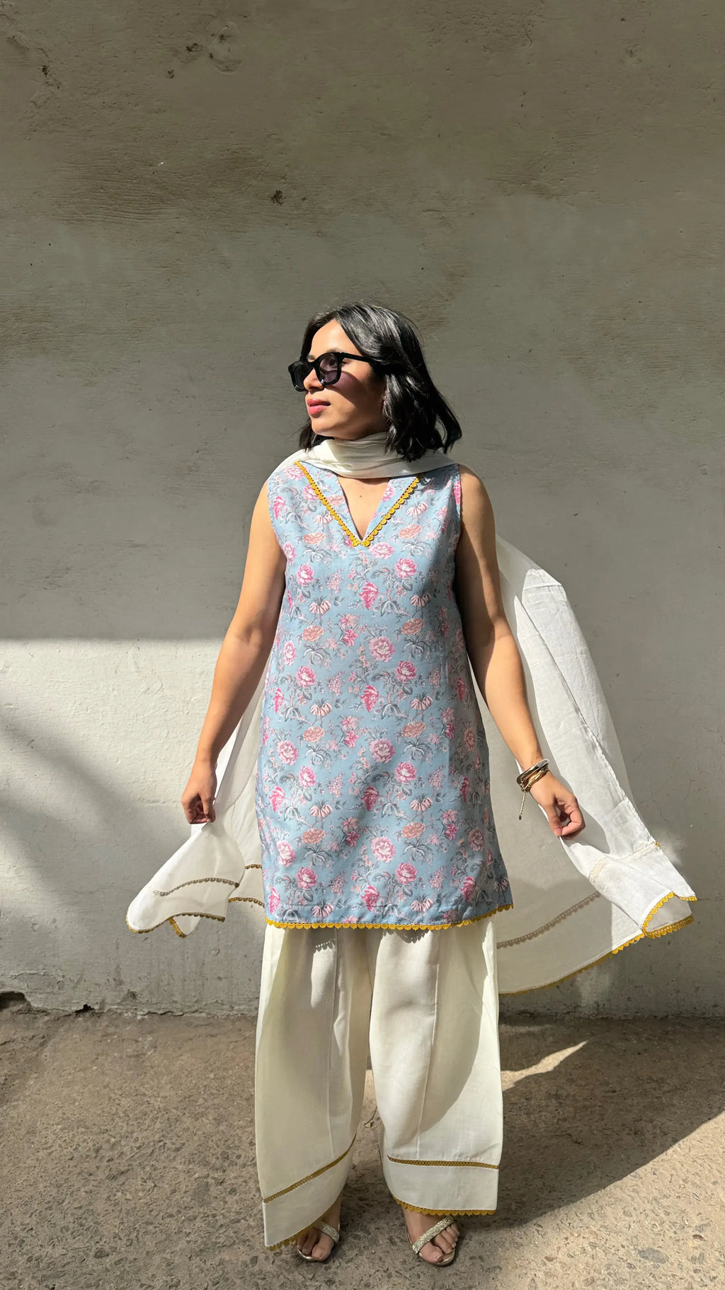 Sky Farshi Salwar Set by Pyoor in soft blue cotton with lace details and floral prints