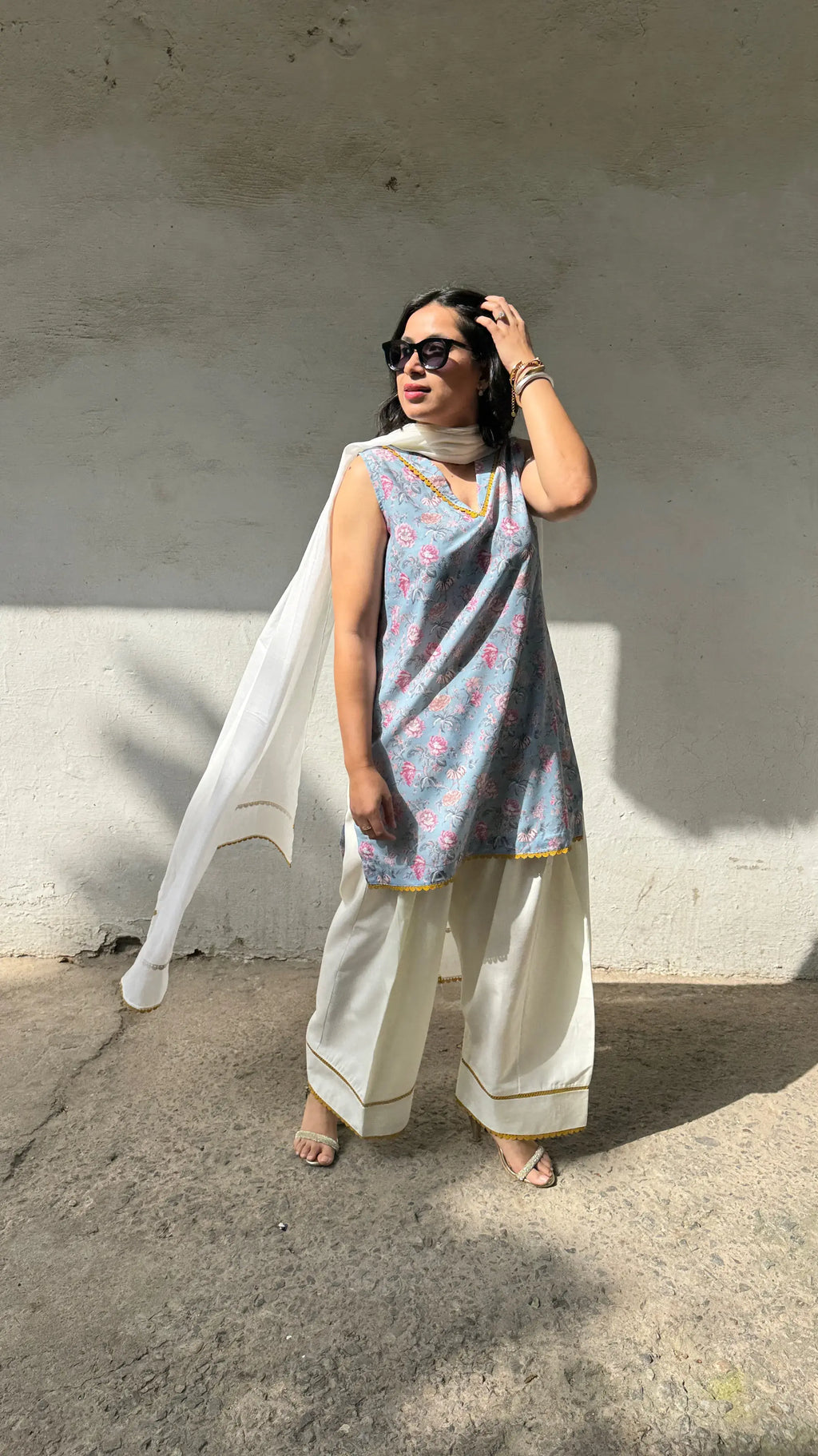 Pyoor Sky Farshi Salwar Set featuring breathable cotton and graceful wide farshi salwar