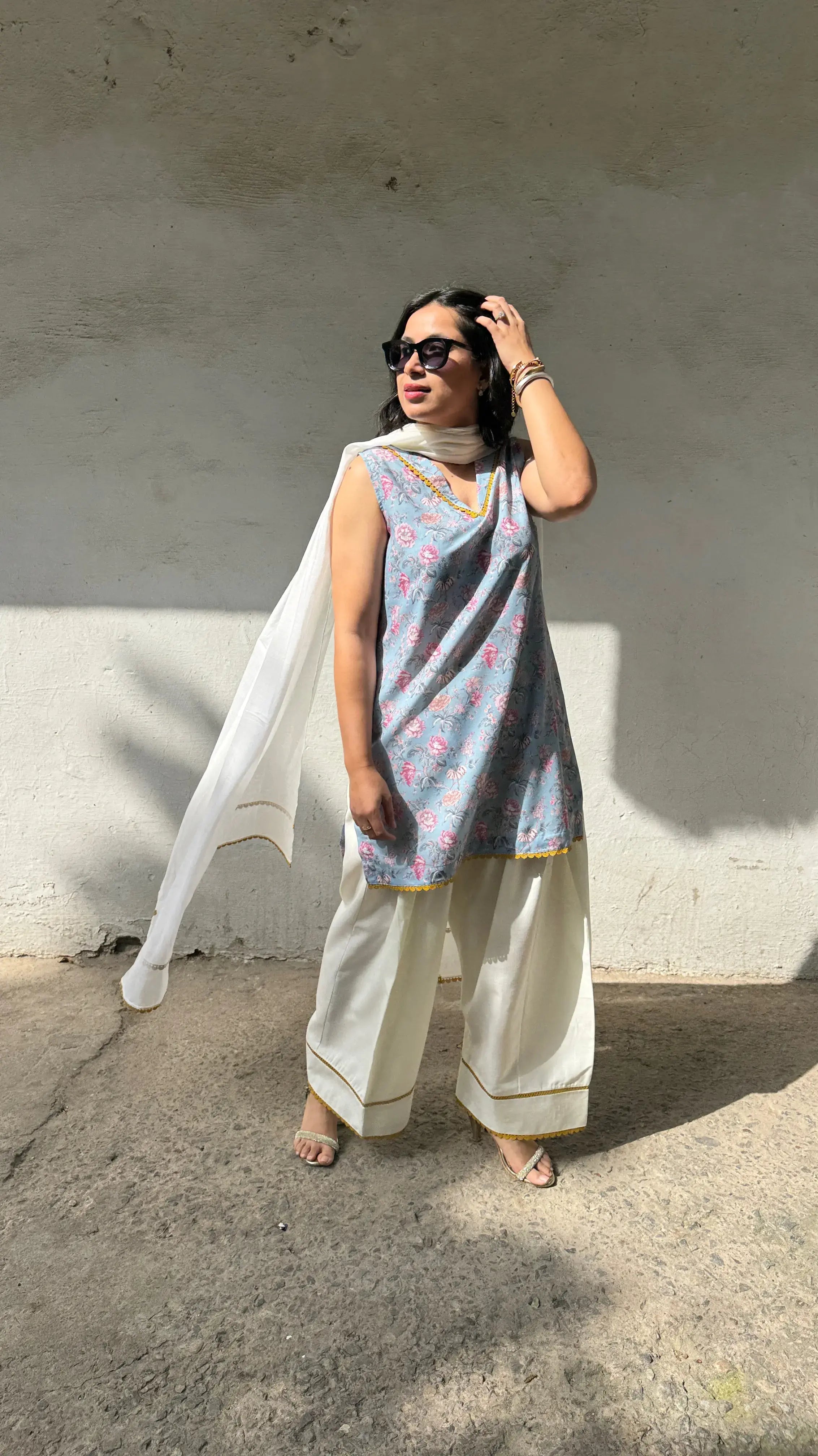 Pyoor Sky Farshi Salwar Set featuring breathable cotton and graceful wide farshi salwar