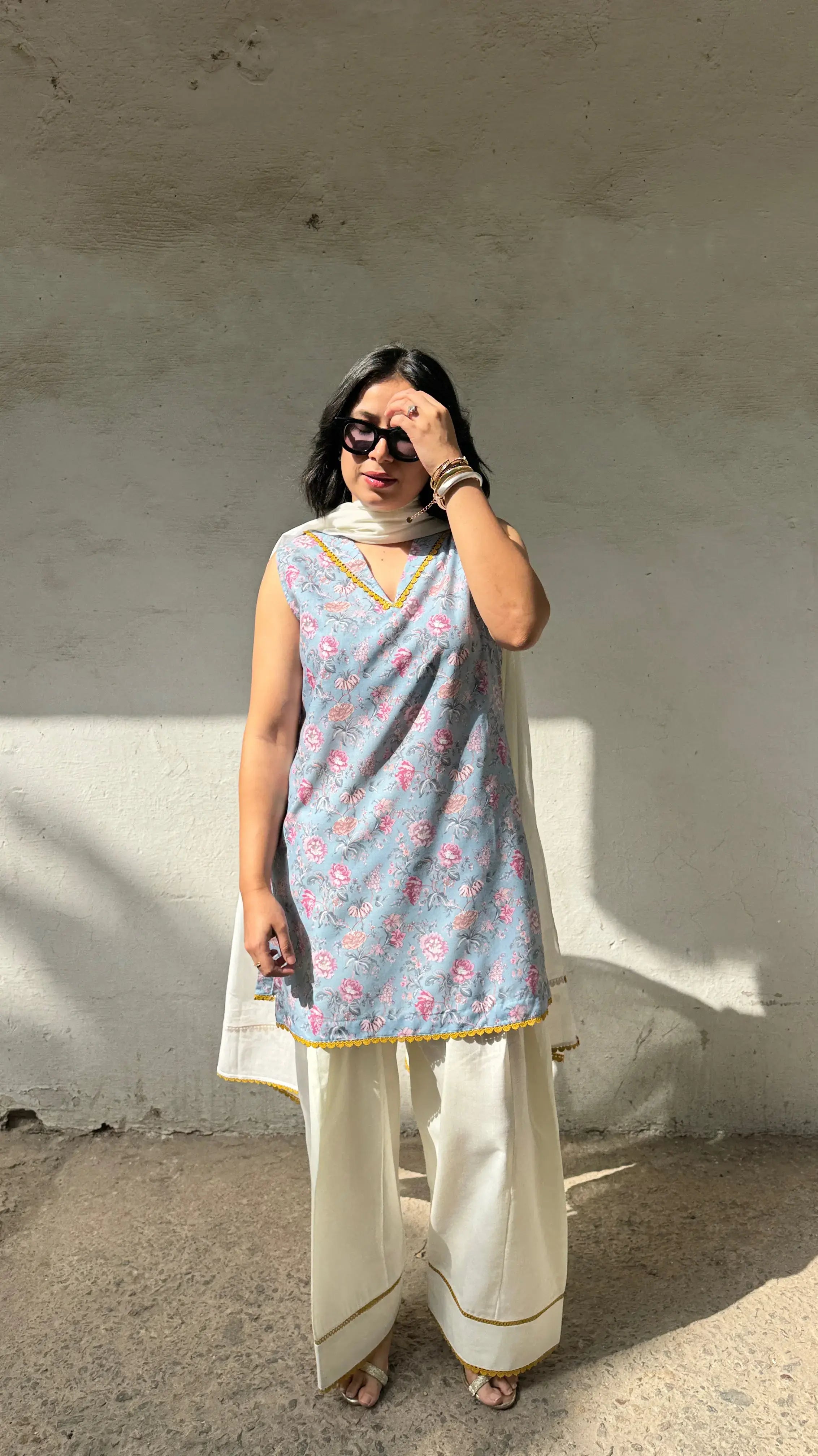 Elegant Sky Farshi Salwar Set from Pyoor with white dupatta and flowing kurta silhouette