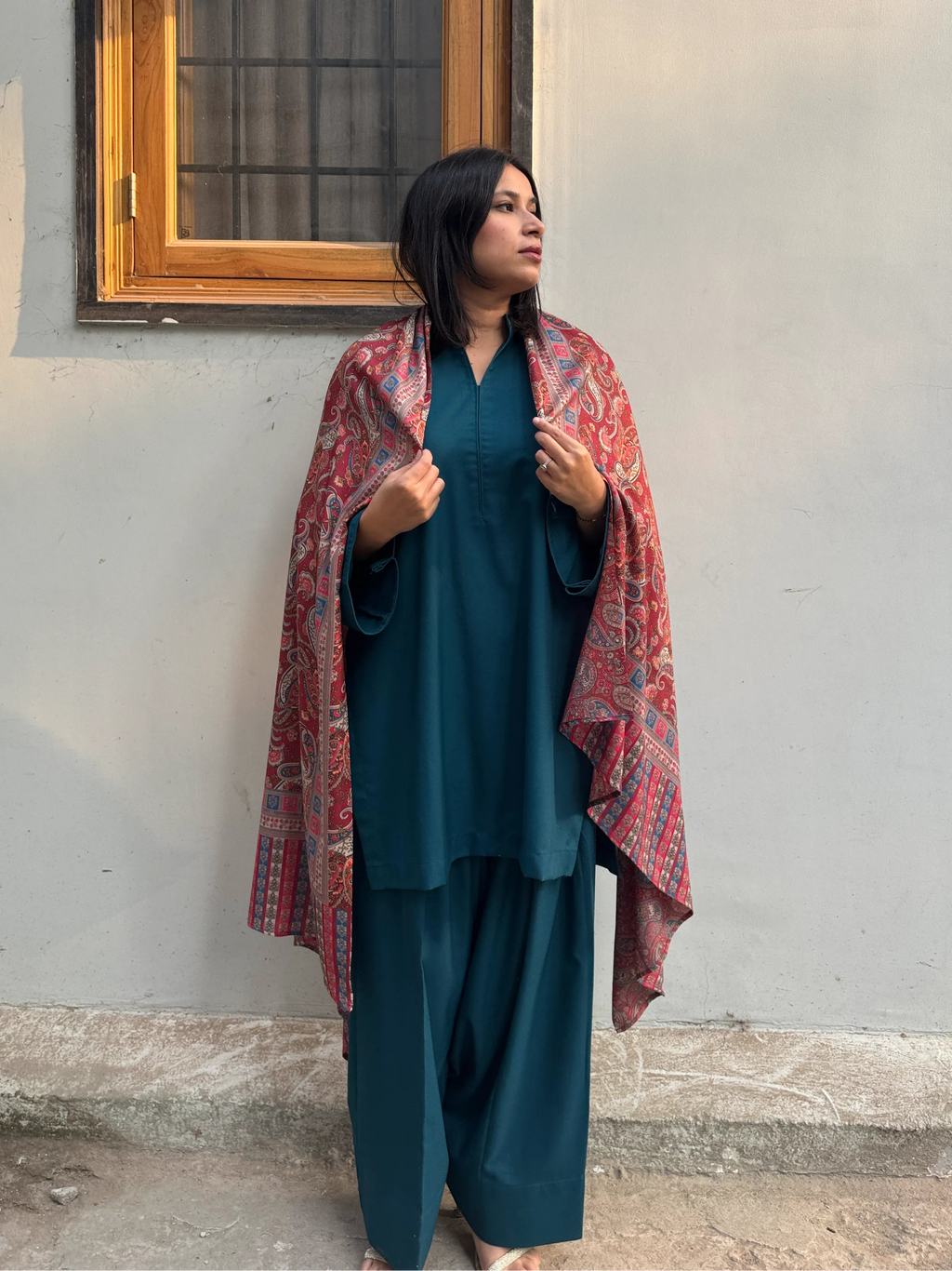 Pyoor Solids Ferozi Green Winter Spun Set featuring kurta, farshi salwar and pashmina stole