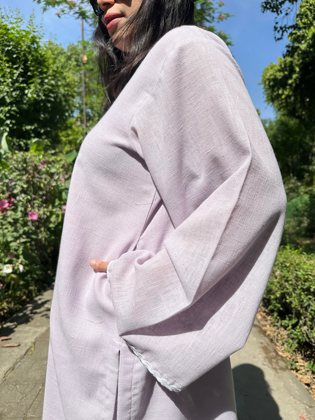 Solids Lavender Mist LINEN Co-ord Set by Pyoor with lace detailing and easy silhouette