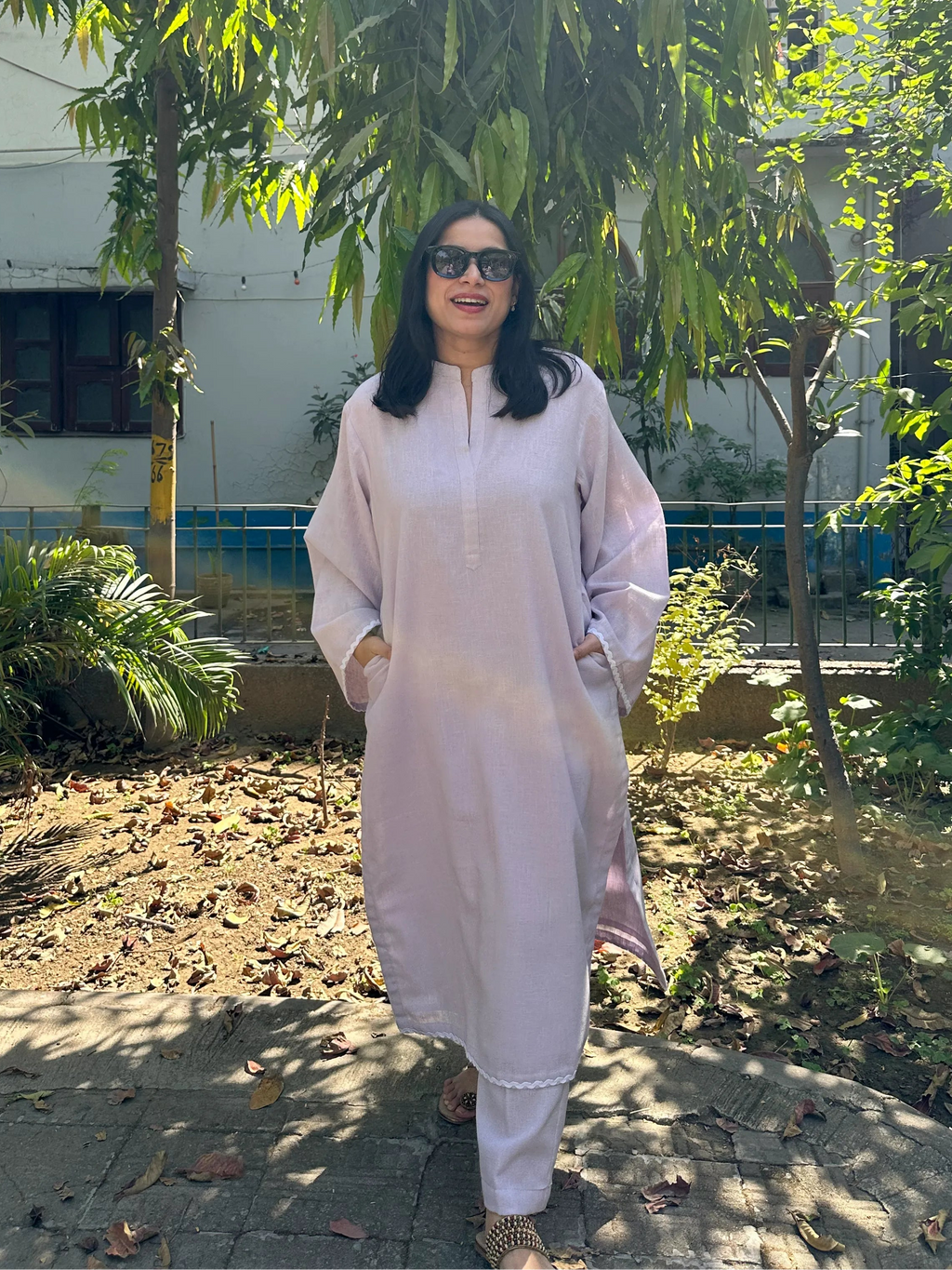 Solids Lavender Mist LINEN Co-ord Set by Pyoor with pockets and cotton lining comfort