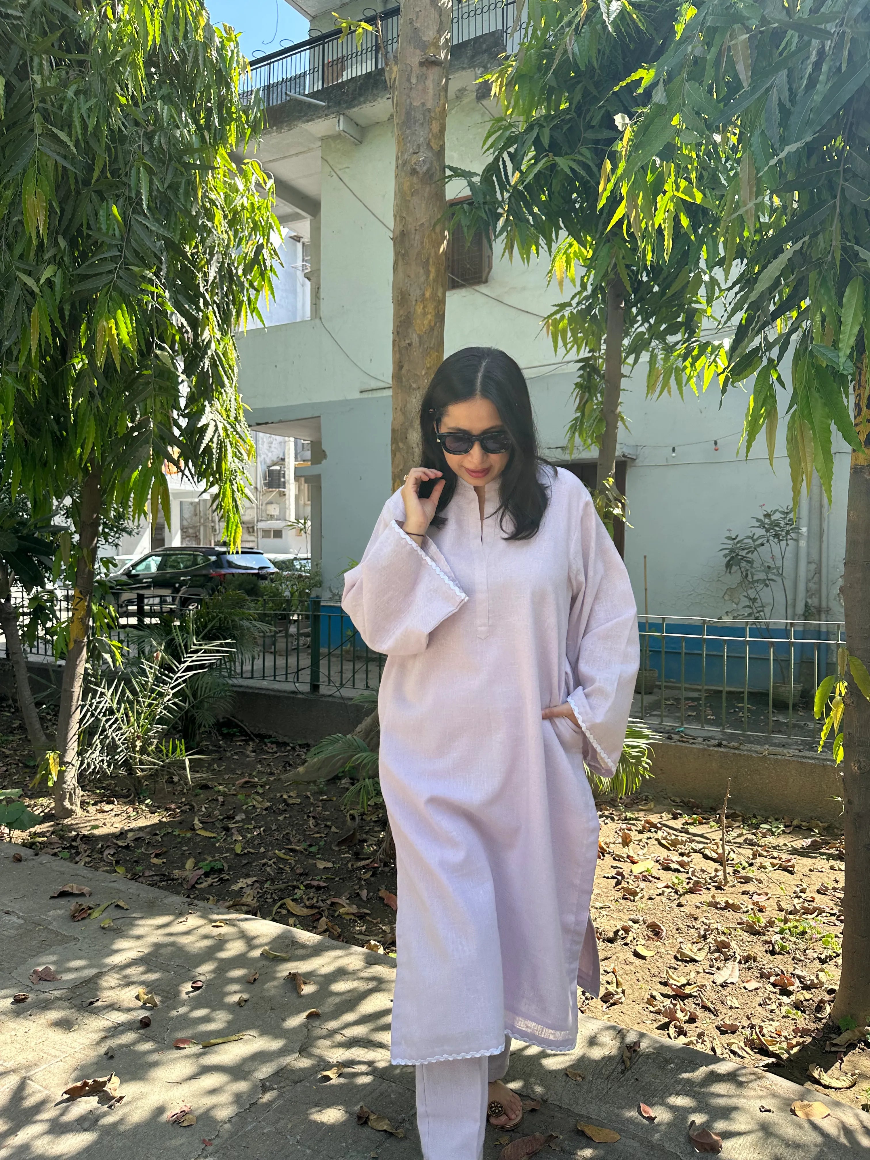 Solids Lavender Mist LINEN Co-ord Set by Pyoor with oversized fit and subtle lace work