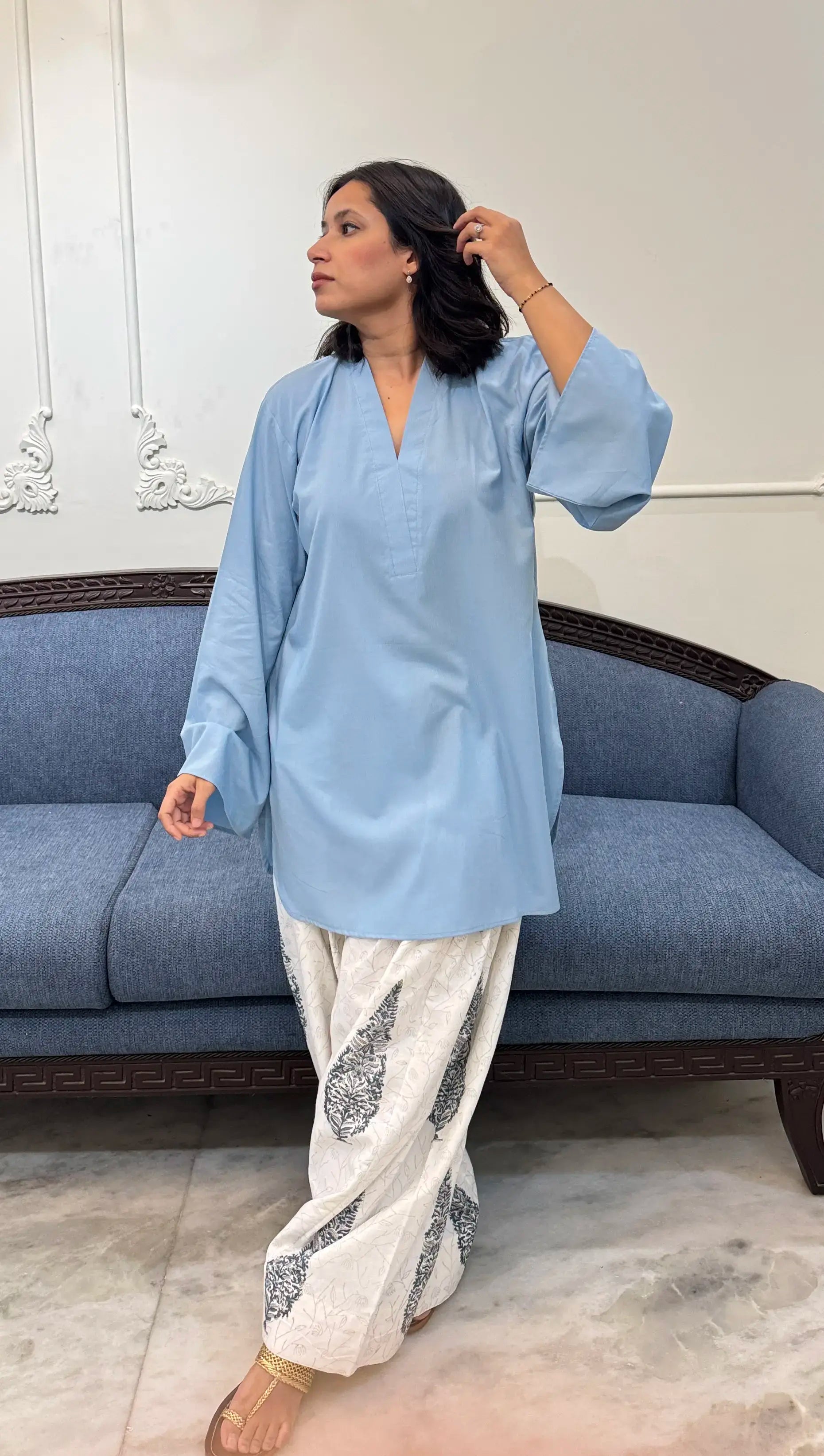Pyoor Solids Mughal Farshi set in cotton with oversized kurta and hand block print salwar