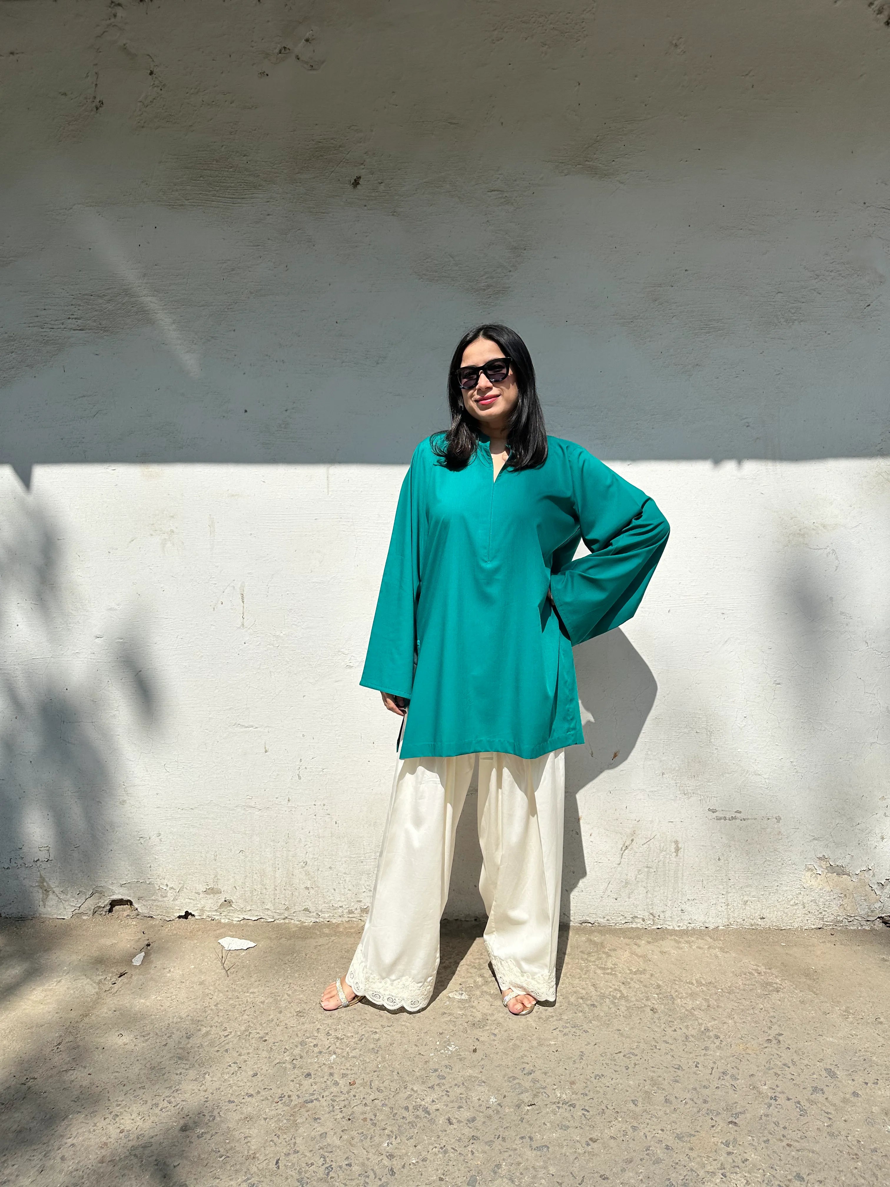 Solids Rama Green Farshi Set by Pyoor in Bizzy Lizzy cotton with soft flowy fit