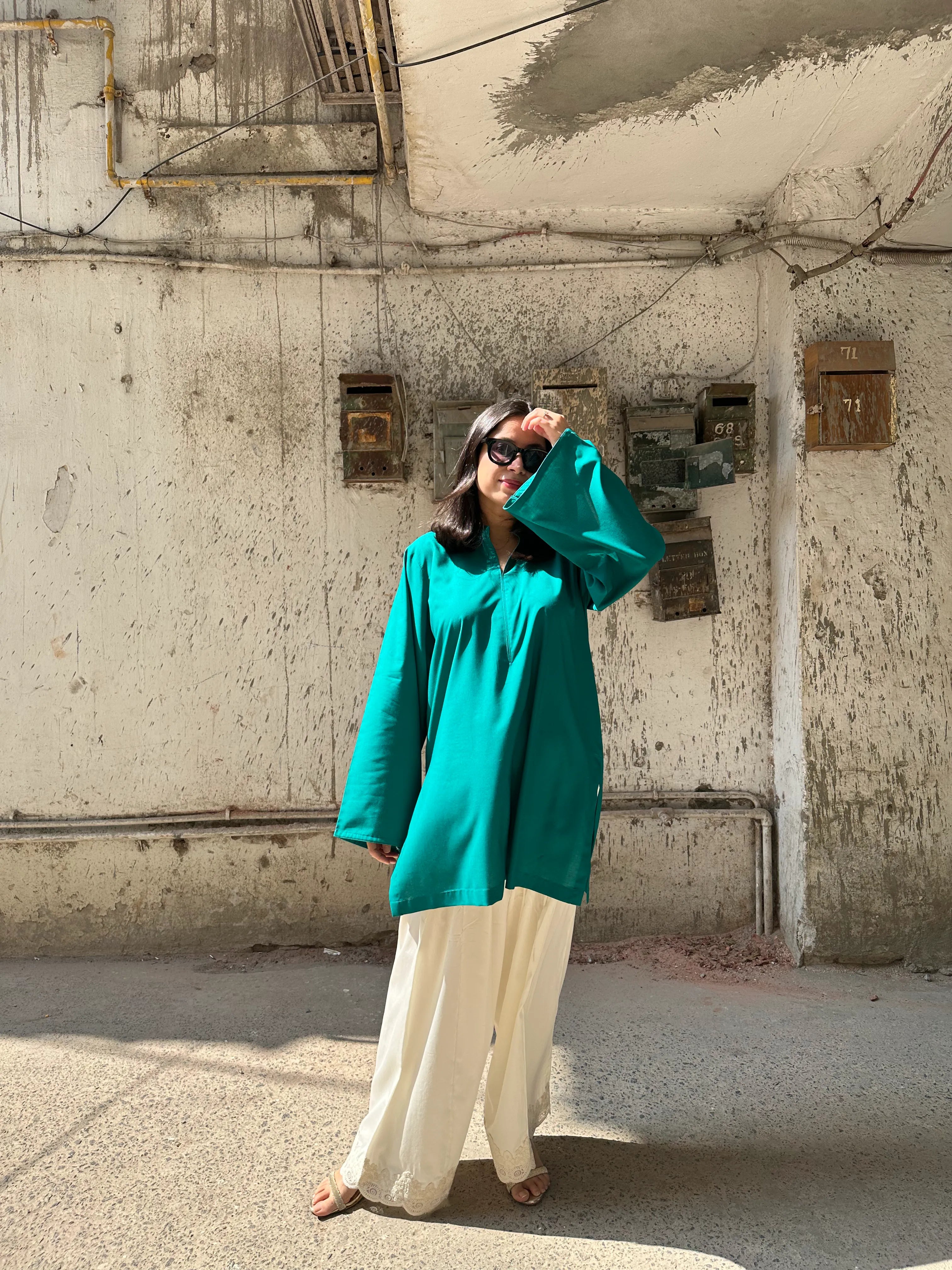 Solids Rama Green Farshi Set by Pyoor featuring cotton silk salwar with lace detailing