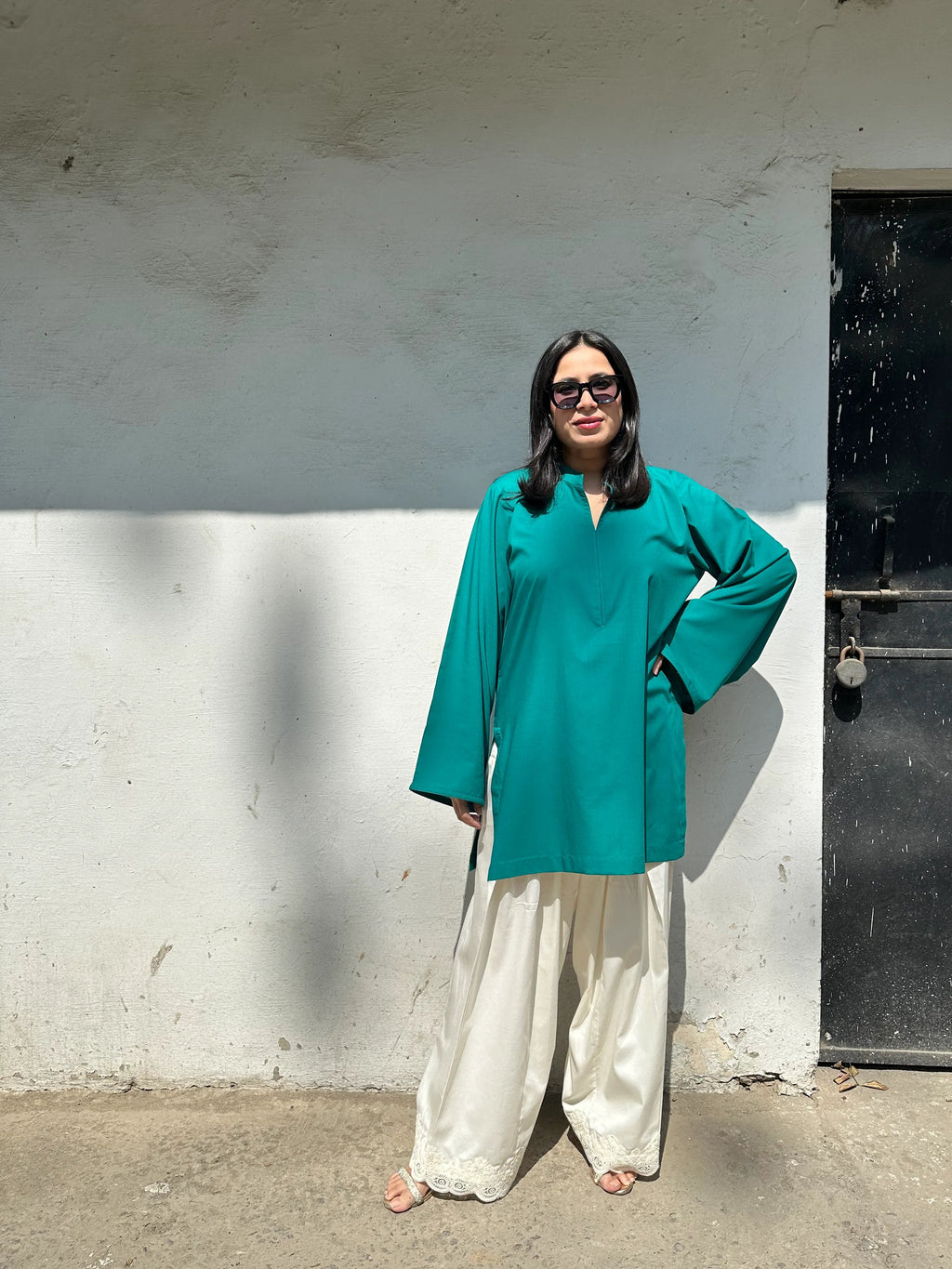 Solids Rama Green Farshi Set by Pyoor light breathable cotton outfit for summer days