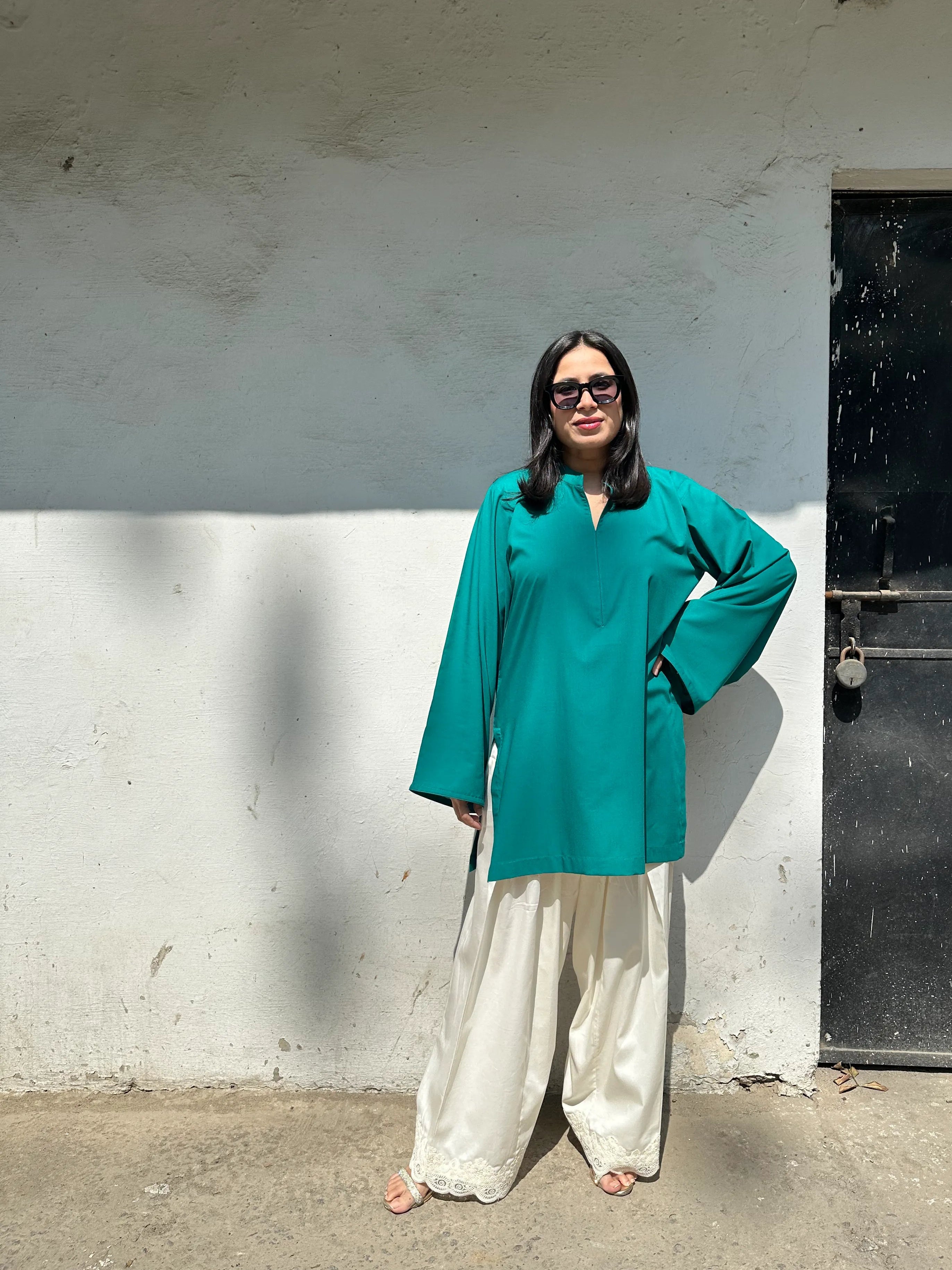 Solids Rama Green Farshi Set by Pyoor light breathable cotton outfit for summer days