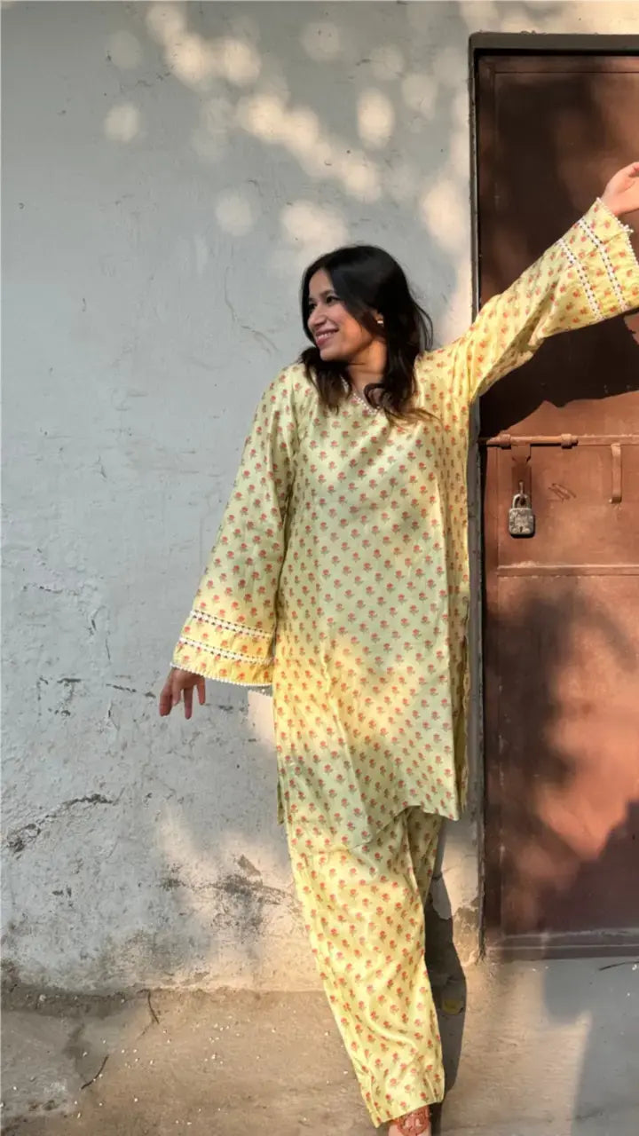 Spring Set in Chanderi by Pyoor with pearl lace details and elegant Chanderi design