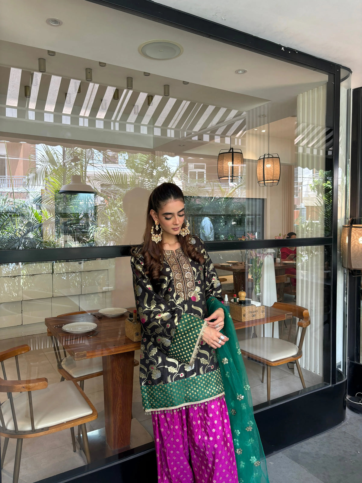Tara Farshi Set by Pyoor with self-weave brocade salwar and lace sleeves