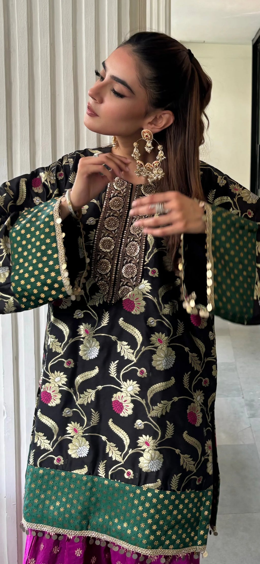 Tara Farshi Set by Pyoor showcasing neckline work and elegant brocade craftsmanship