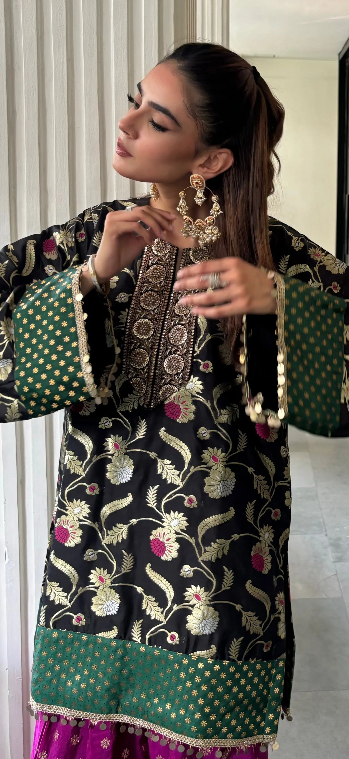Tara Farshi Set by Pyoor showcasing neckline work and elegant brocade craftsmanship