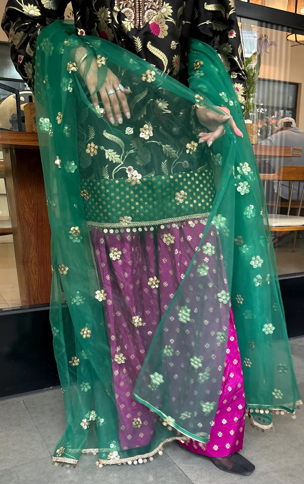 Tara Farshi Set by Pyoor designed with black brocade and green embroidered dupatta