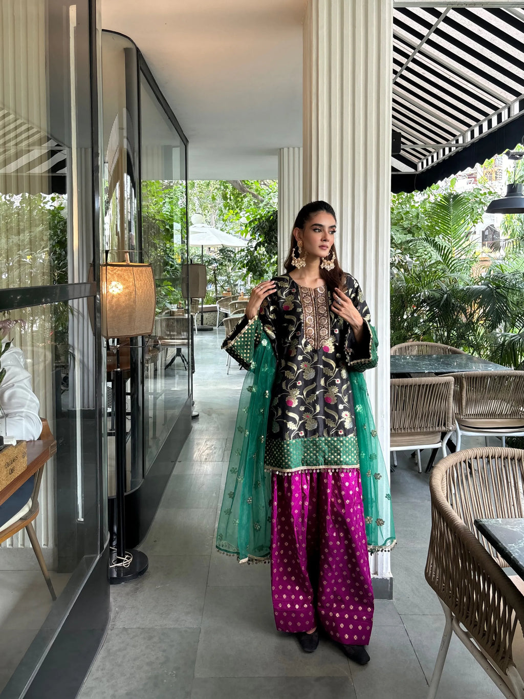 Tara Farshi Set by Pyoor with traditional brocade fabric and festive accents