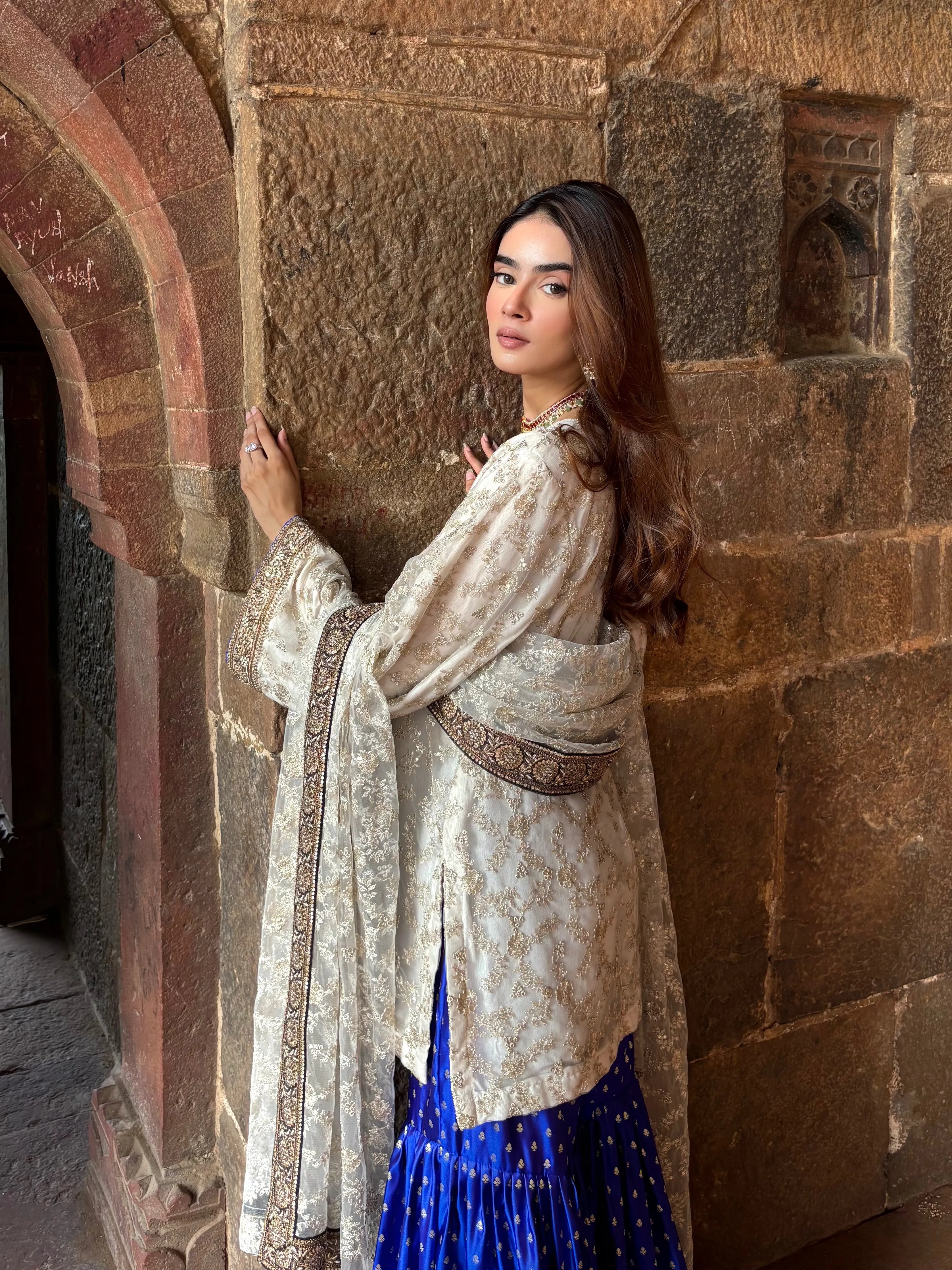 Pyoor Umrao Sharara Set with fully embroidered dupatta and net kurta