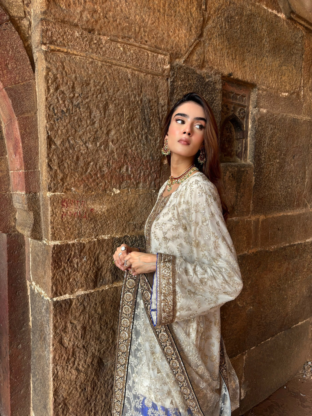 Umrao Sharara Set, net kurta paired with lined blue brocade sharara, Pyoor