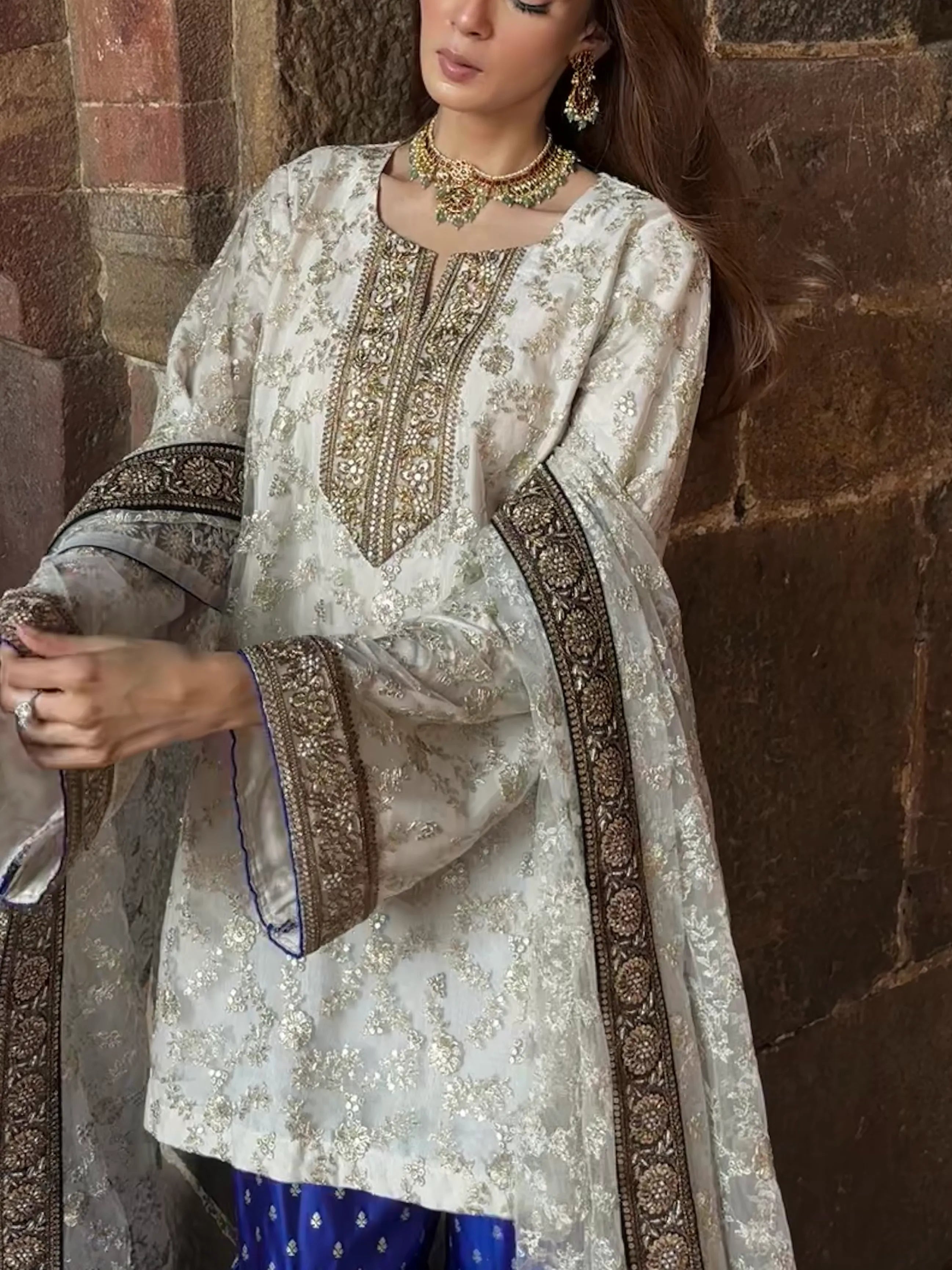 Pyoor's Umrao Sharara Set featuring lace embroidery on neck and sleeves