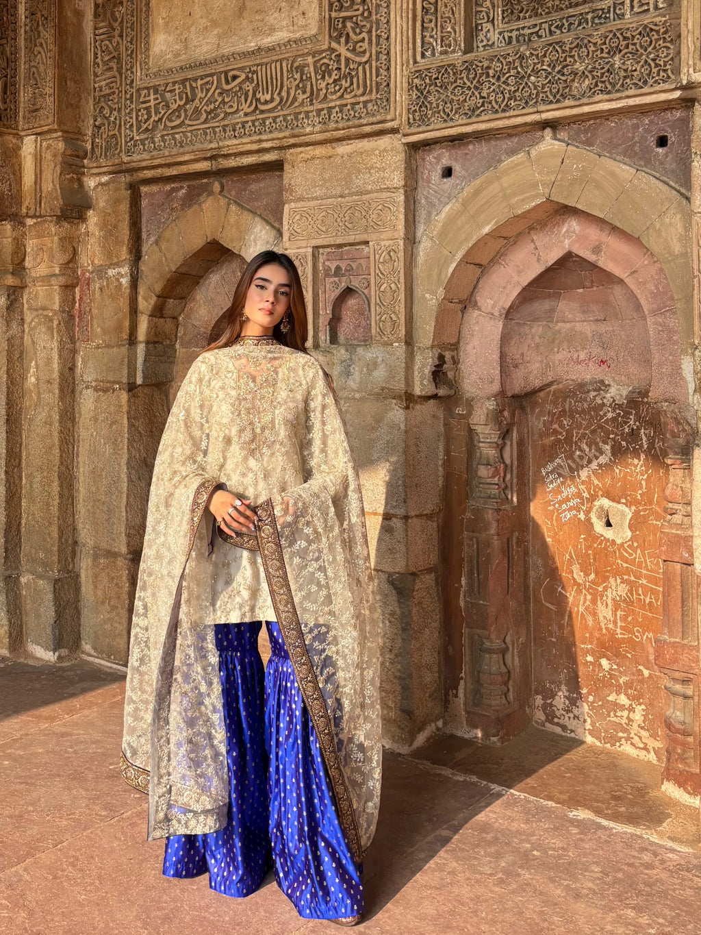 Umrao Sharara Set showing embroidered lace detailing on net fabric
