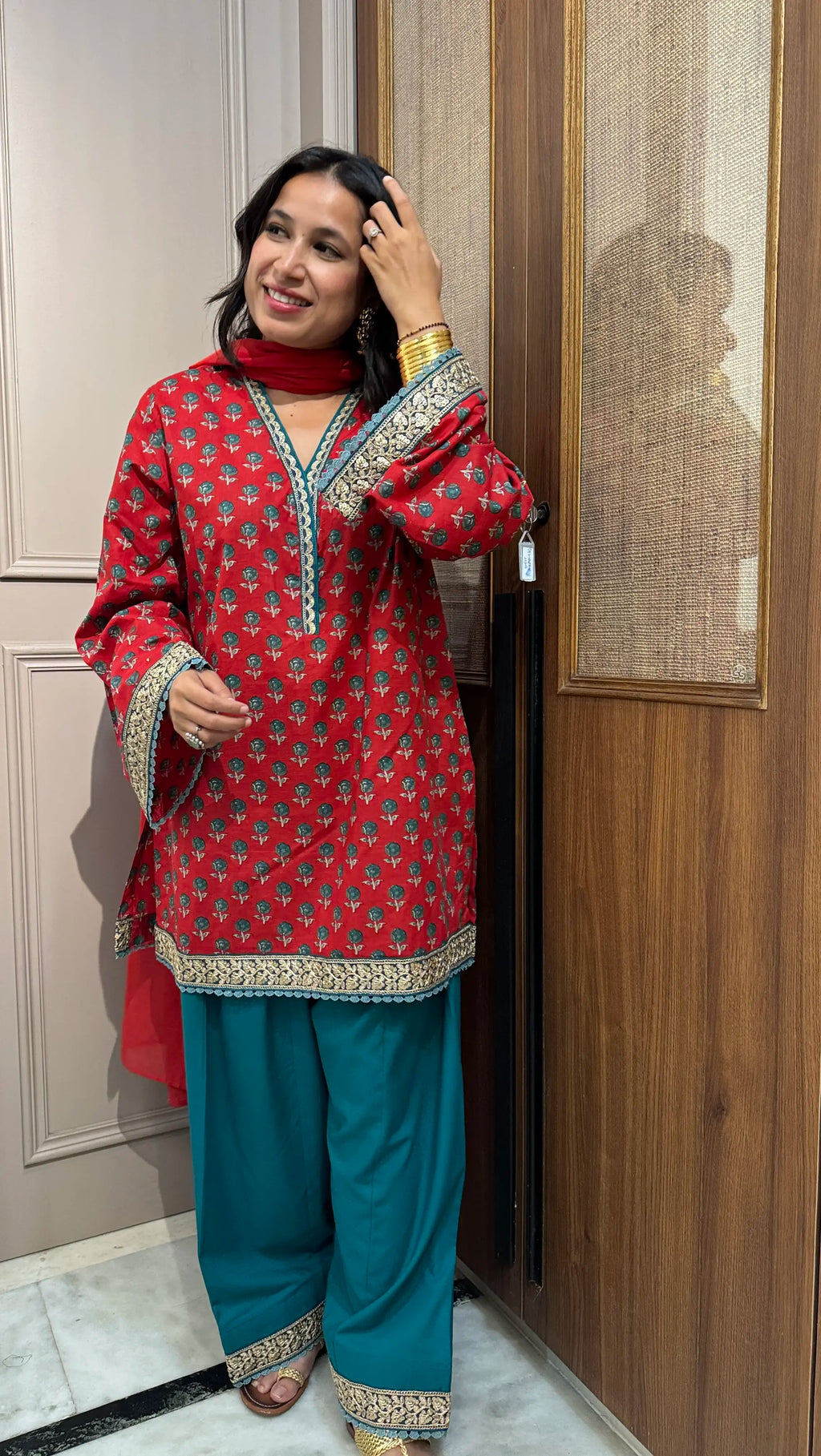 Veera Cotton Farshi Set from Pyoor featuring lace work and red mul cotton dupatta.