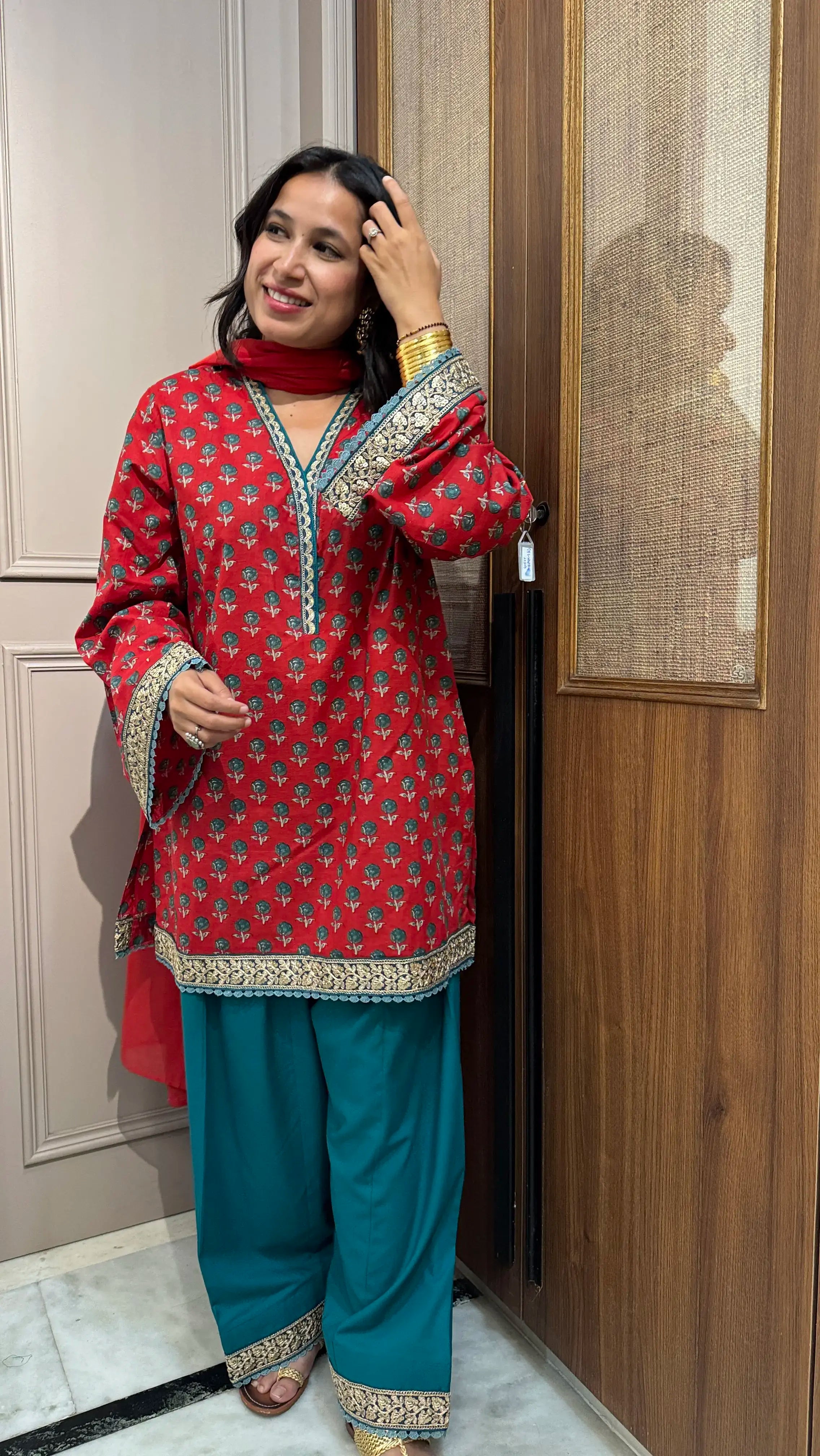 Veera Cotton Farshi Set from Pyoor featuring lace work and red mul cotton dupatta.