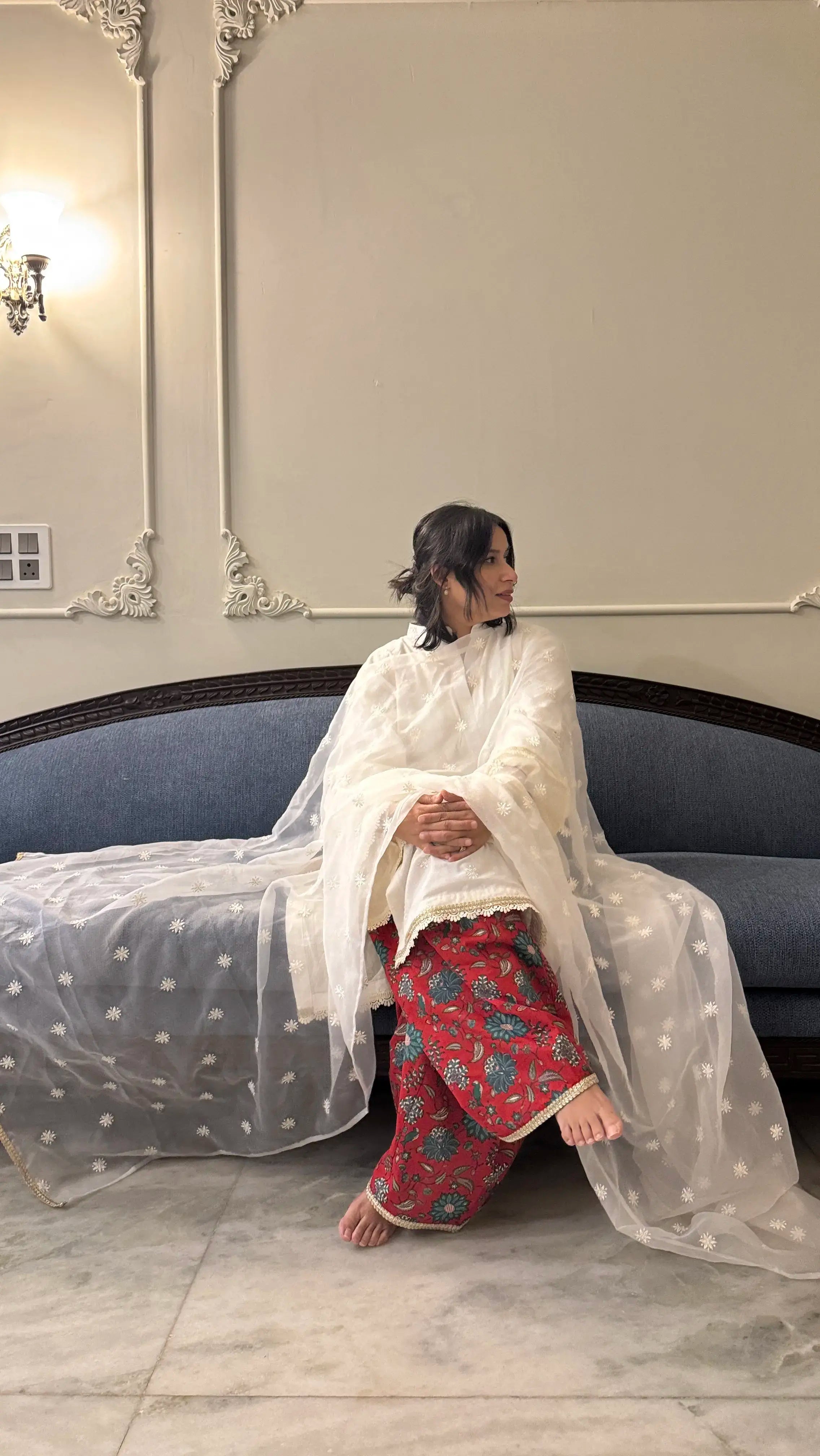 Pyoor White Dove Farshi Set with embroidered kurta, block print salwar and organza dupatta