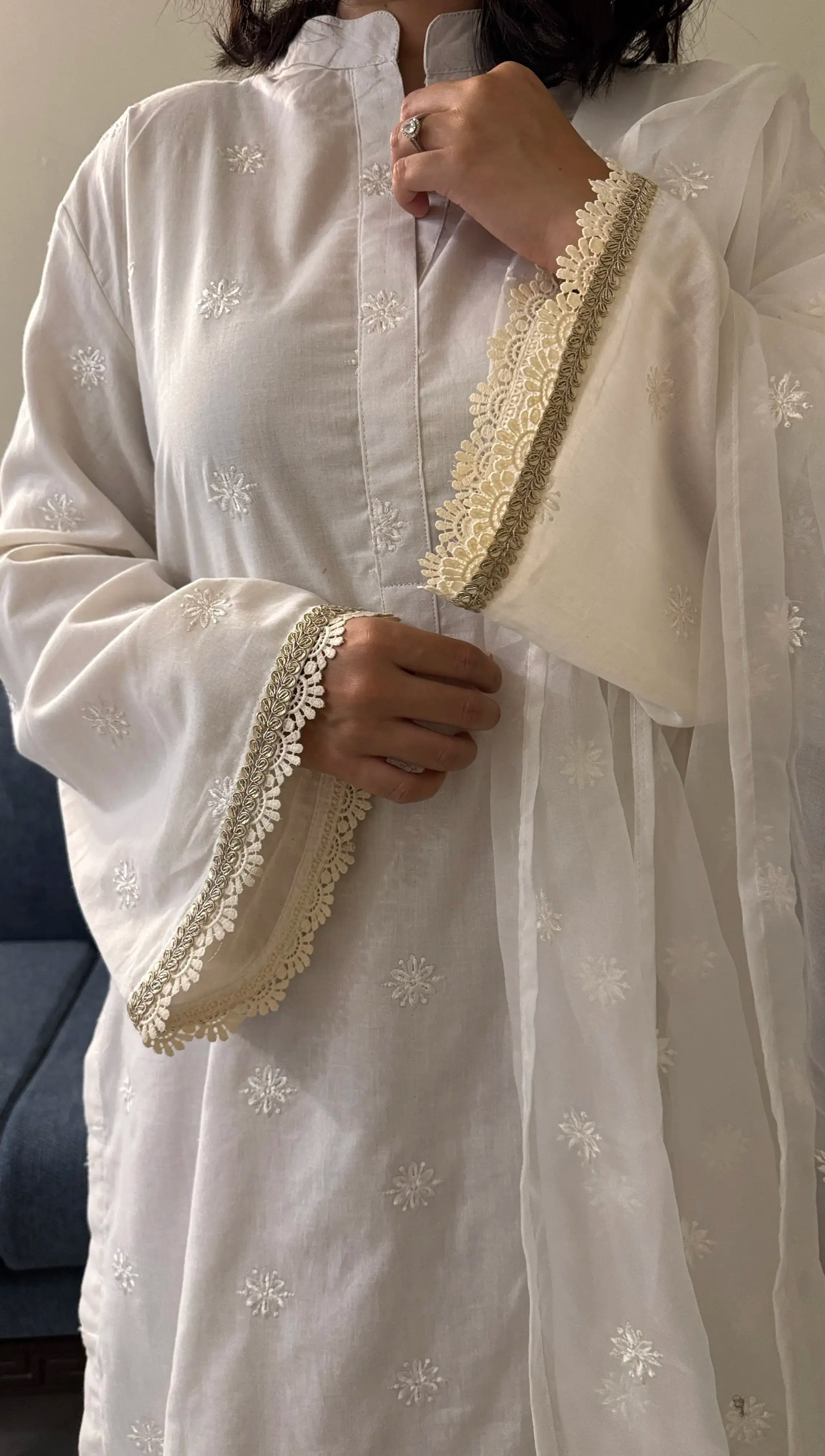 White Dove Farshi Set by Pyoor in cotton oversized fit with lace detailing and embroidered dupatta