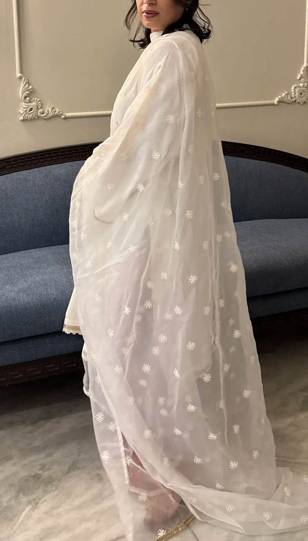 White Dove Farshi Set from Pyoor with cotton embroidered kurta, lace sleeves and block print salwar