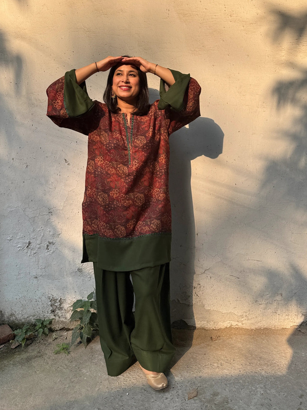 Pyoor Winter Bageecha Farshi Set with cozy pashmina kurta and matching farshi salwar