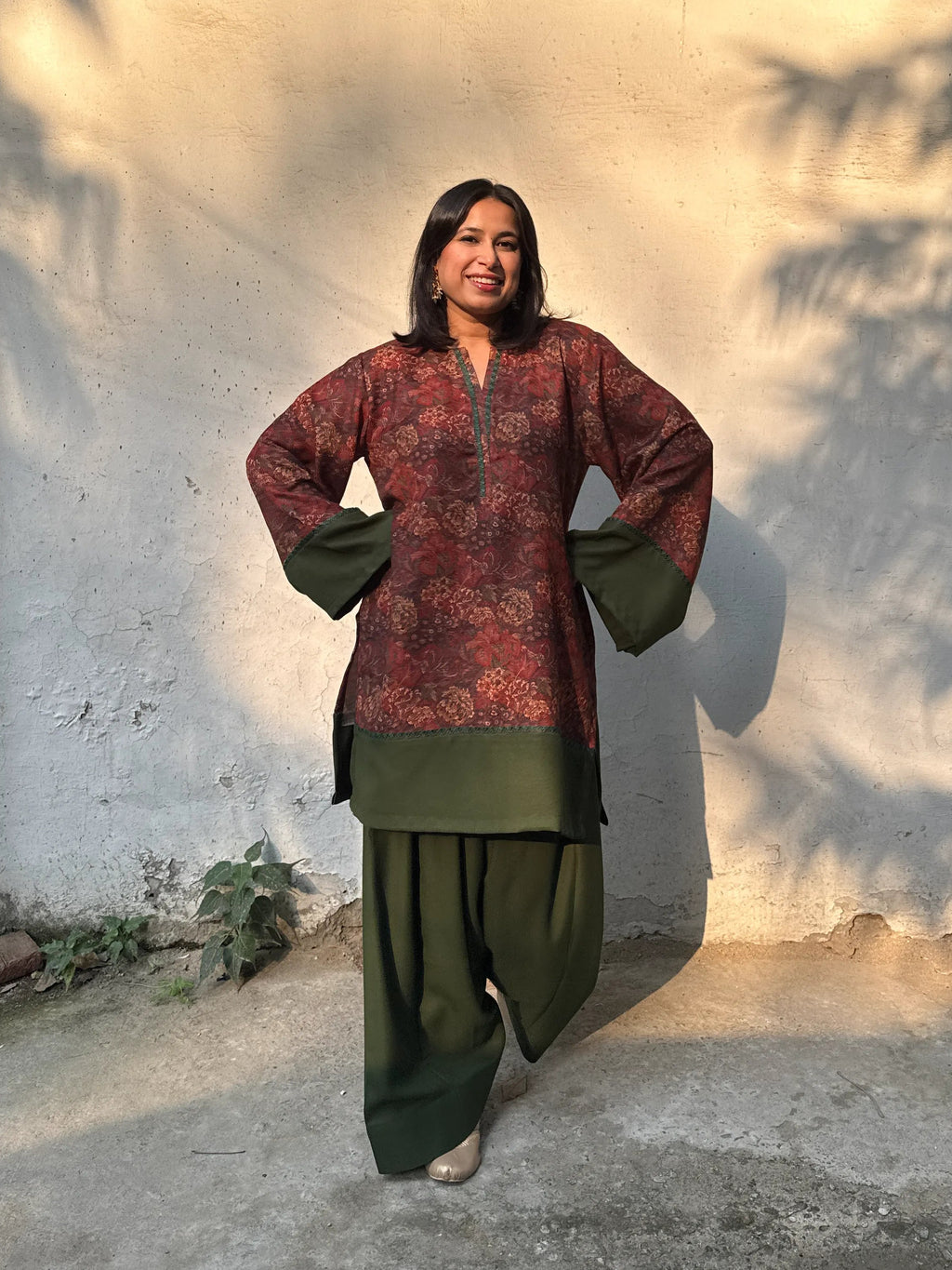 Soft pashmina Winter Bageecha Farshi Set by Pyoor featuring green patchwork kurta