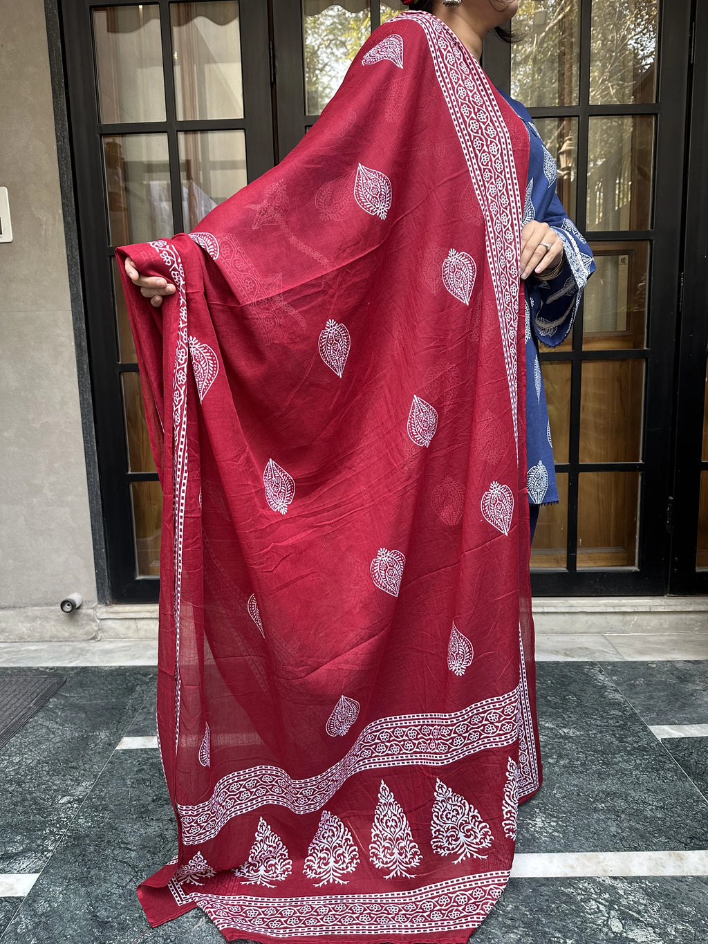 Yasmeen Block Blue Farshi with Red Dupatta blue cotton farshi by Pyoor