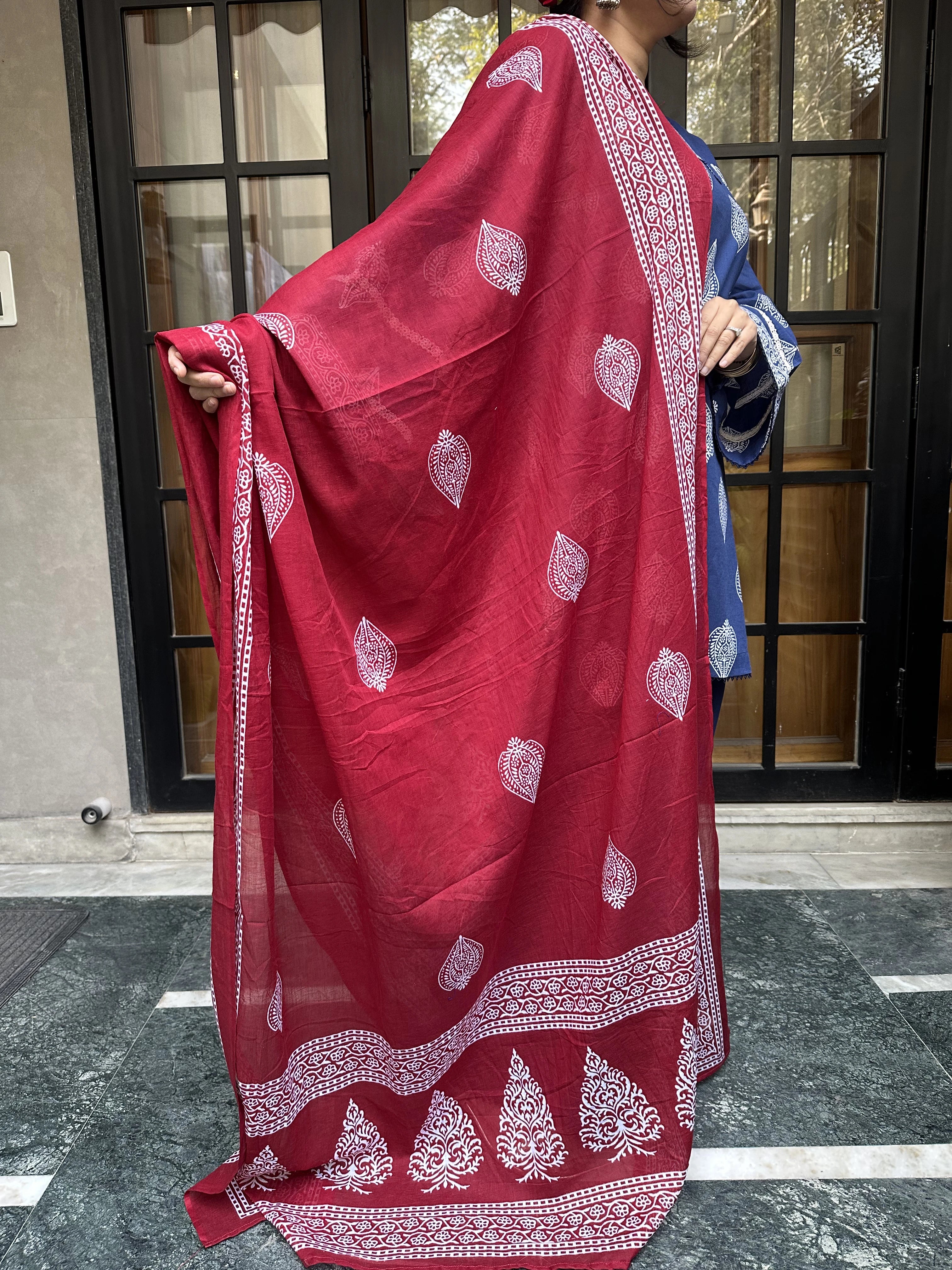 Yasmeen Block Blue Farshi with Red Dupatta blue cotton farshi by Pyoor