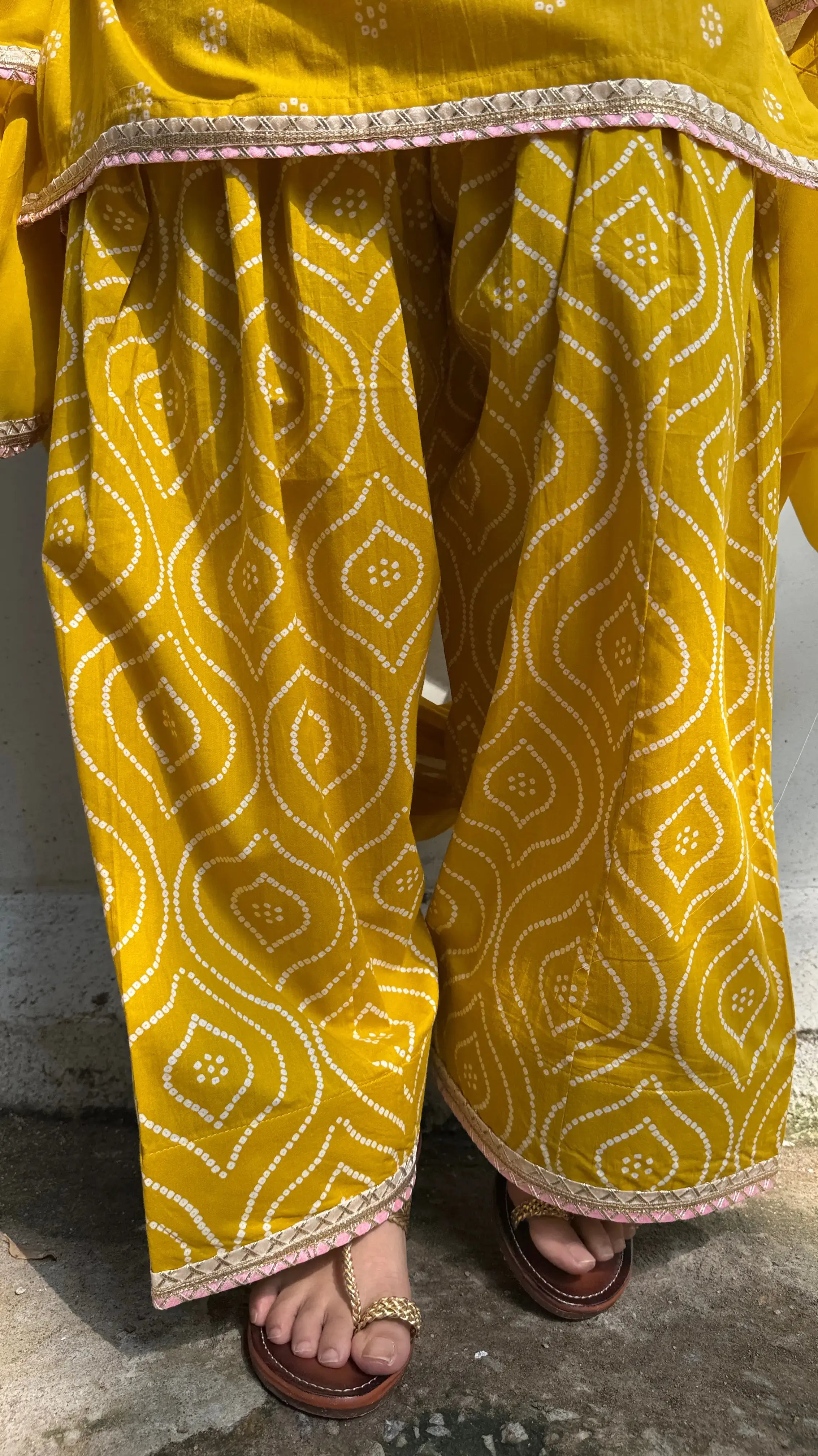 Elegant Yellow Bandhani Farshi Salwar Suit Set from Pyoor for weddings and celebrations