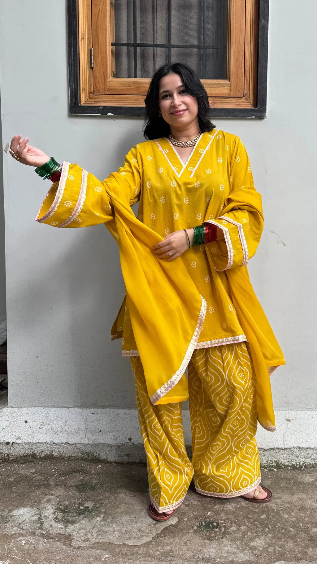 Pyoor Yellow Bandhani Farshi Salwar Suit Set with matching dupatta and traditional finish