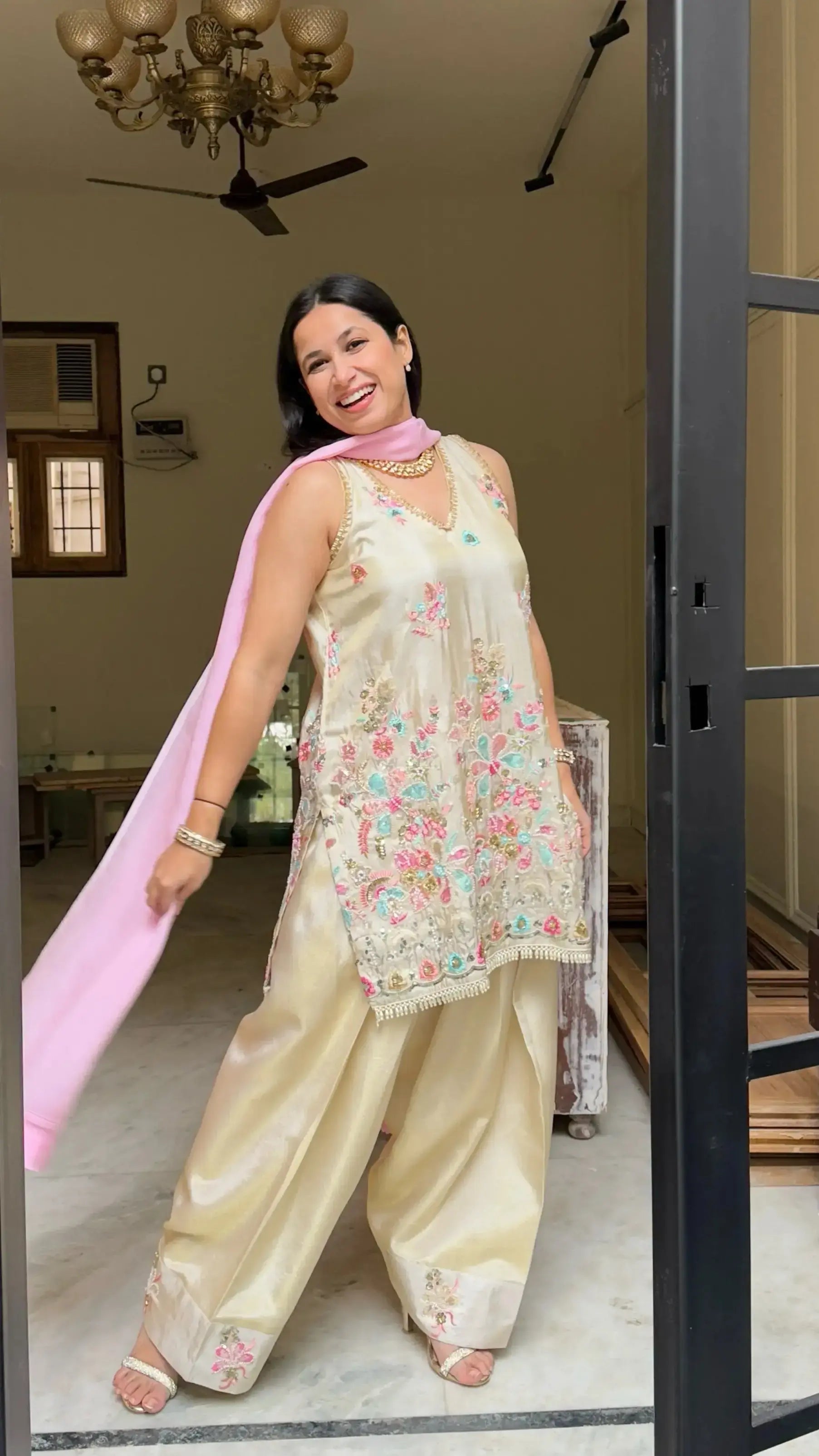 Pyoor ZEENAT Farshi Salwar Suit Set in premium zari tissue, perfect for festive wear.