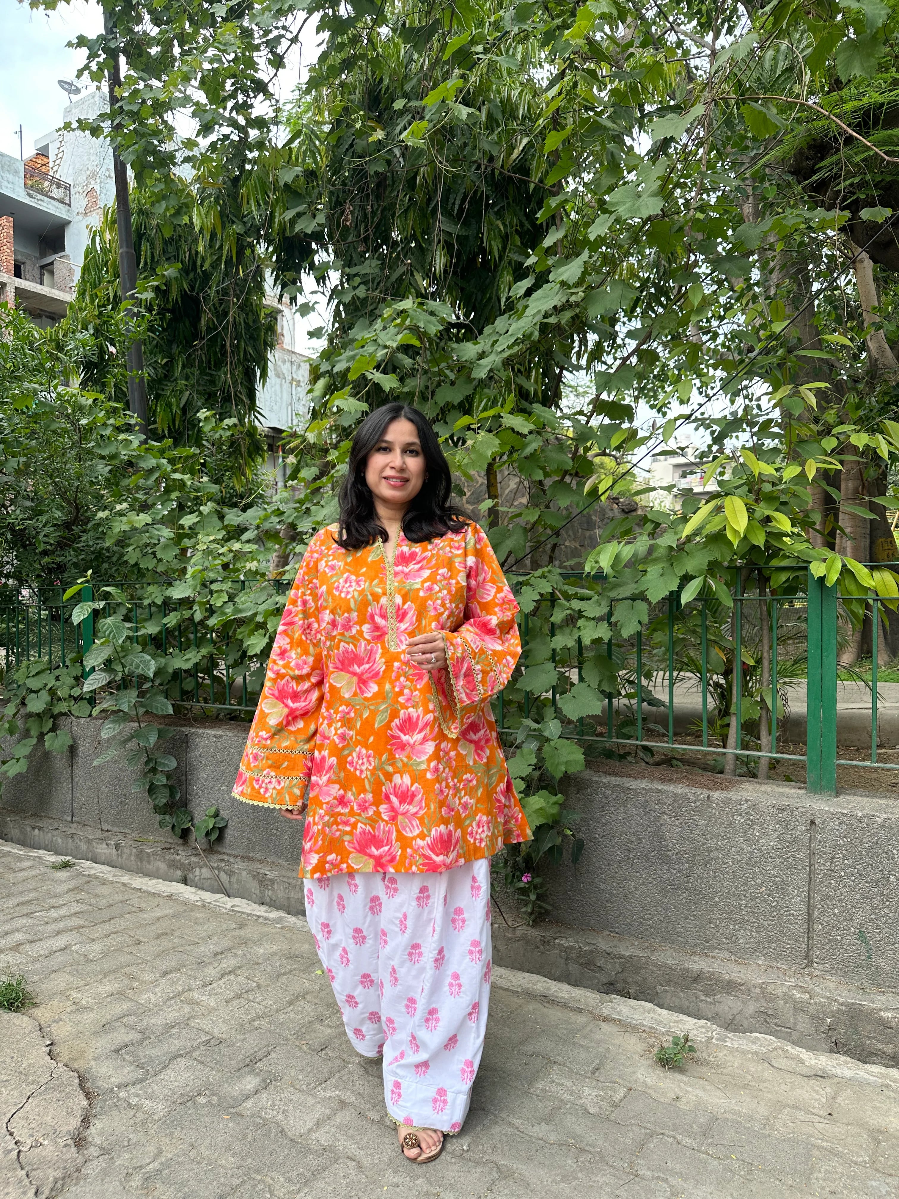 Zinnia Floral Farshi set by Pyoor in breathable cotton with floral prints and soft embroidery